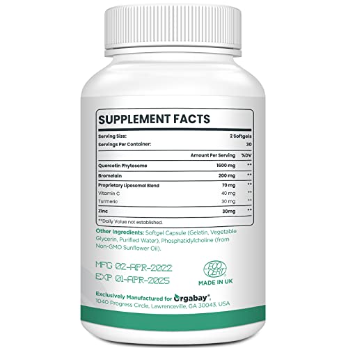 Orgabay bromelina 200 mg visible en frasco, compatible con quercetina