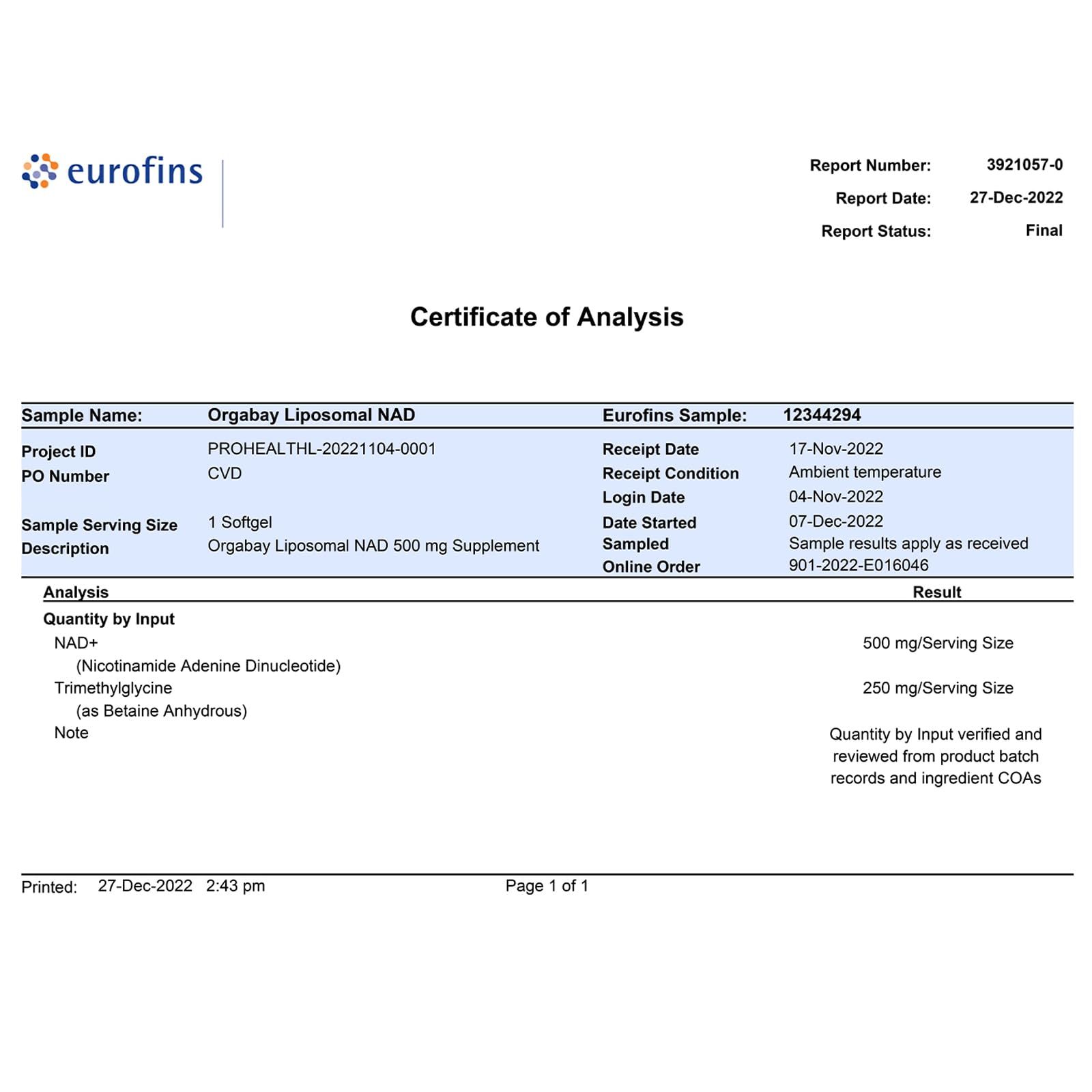Etiqueta frontal de Orgabay Nad liposomal muestra beneficio de claridad.