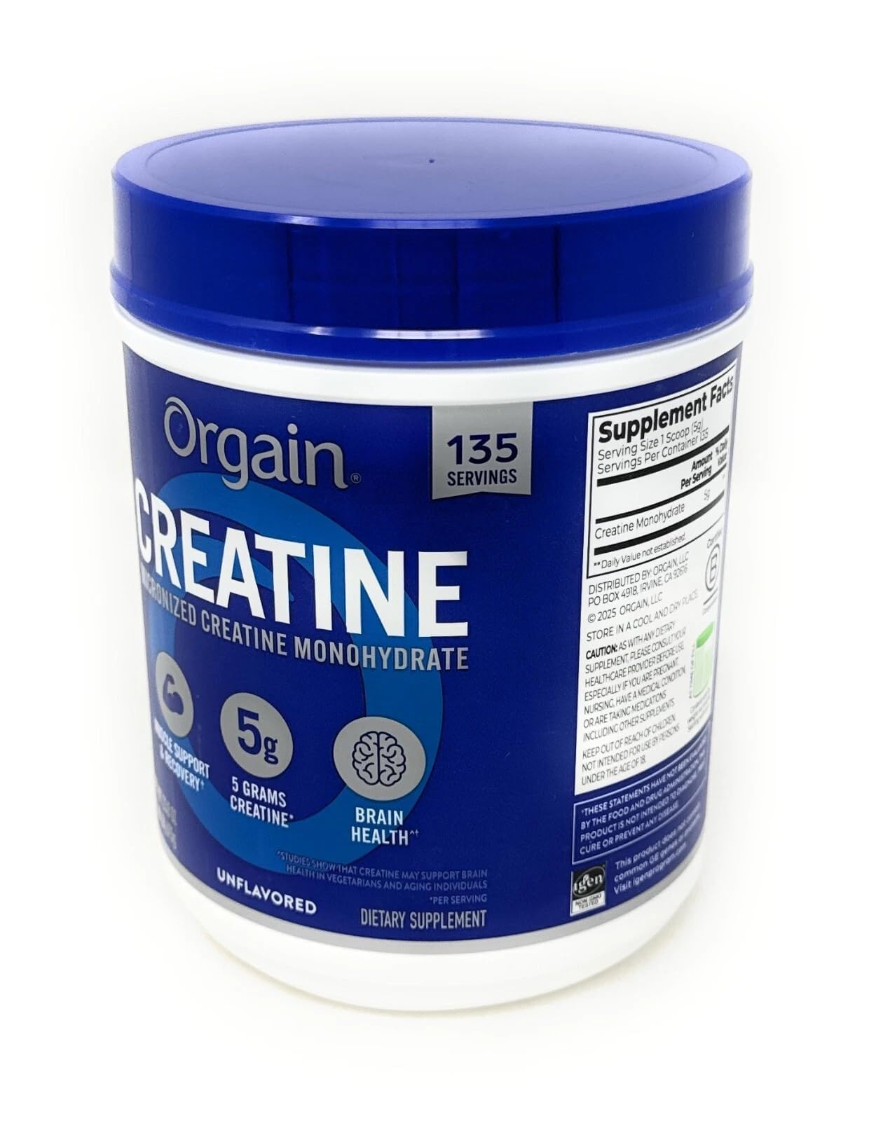 Orgain Creatina Monohidrato etiqueta certificados, garantía de calidad.