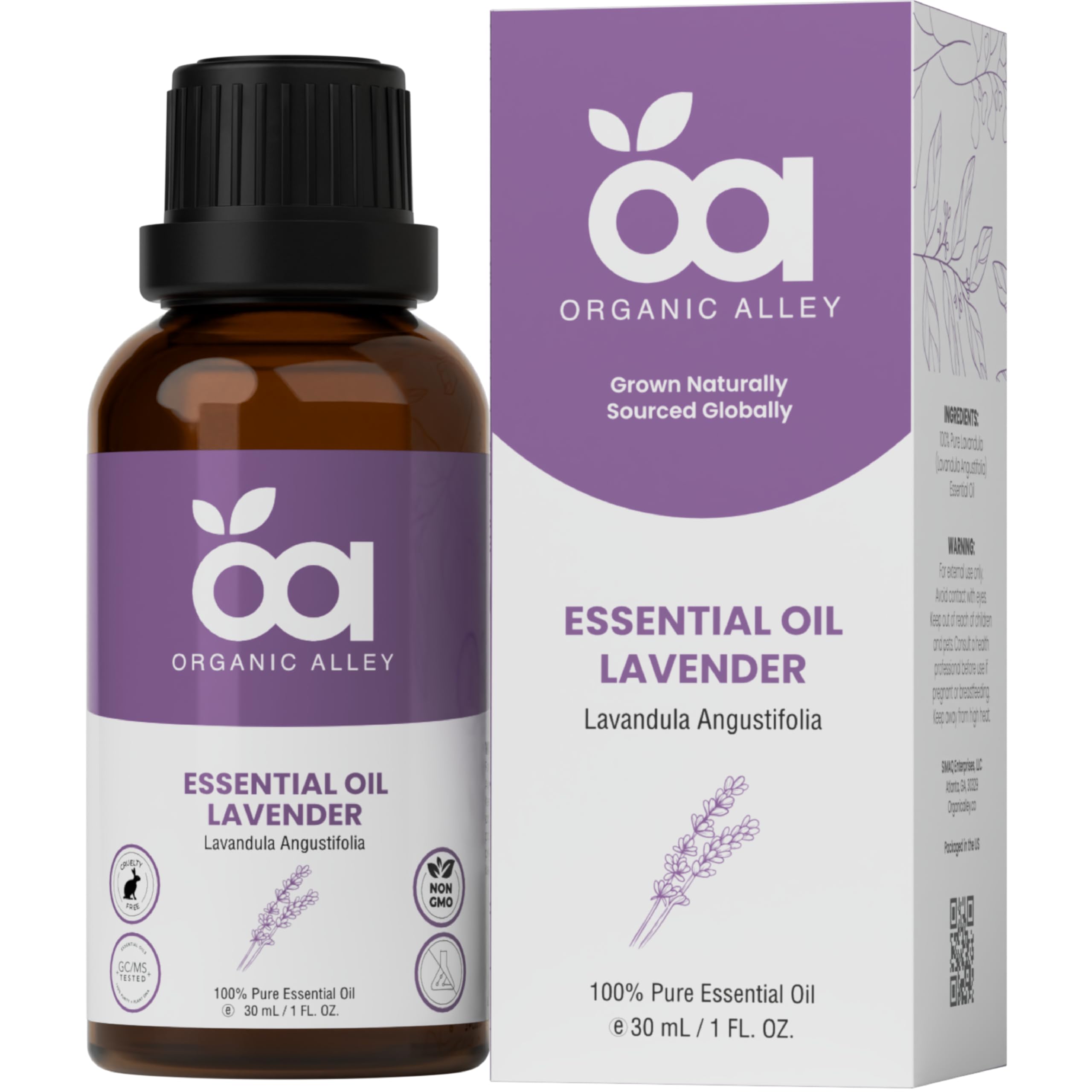 Aceite esencial Organic Alley lavanda en botella para relajación aromática en casa.
