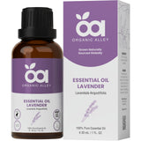 Aceite esencial Organic Alley lavanda en botella para relajación aromática en casa.