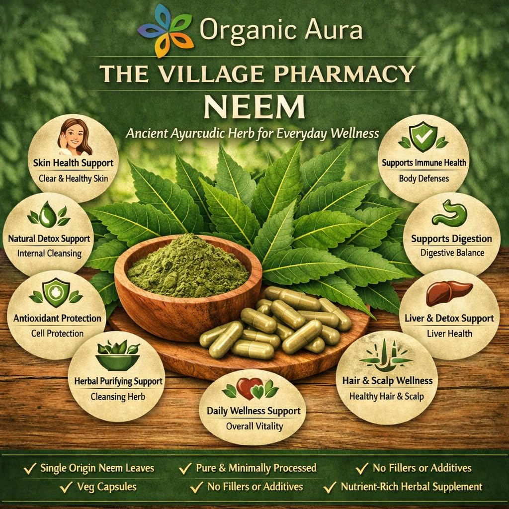 Organic Aura Neem Cápsulas, alta pureza para experiencia limpia y segura.