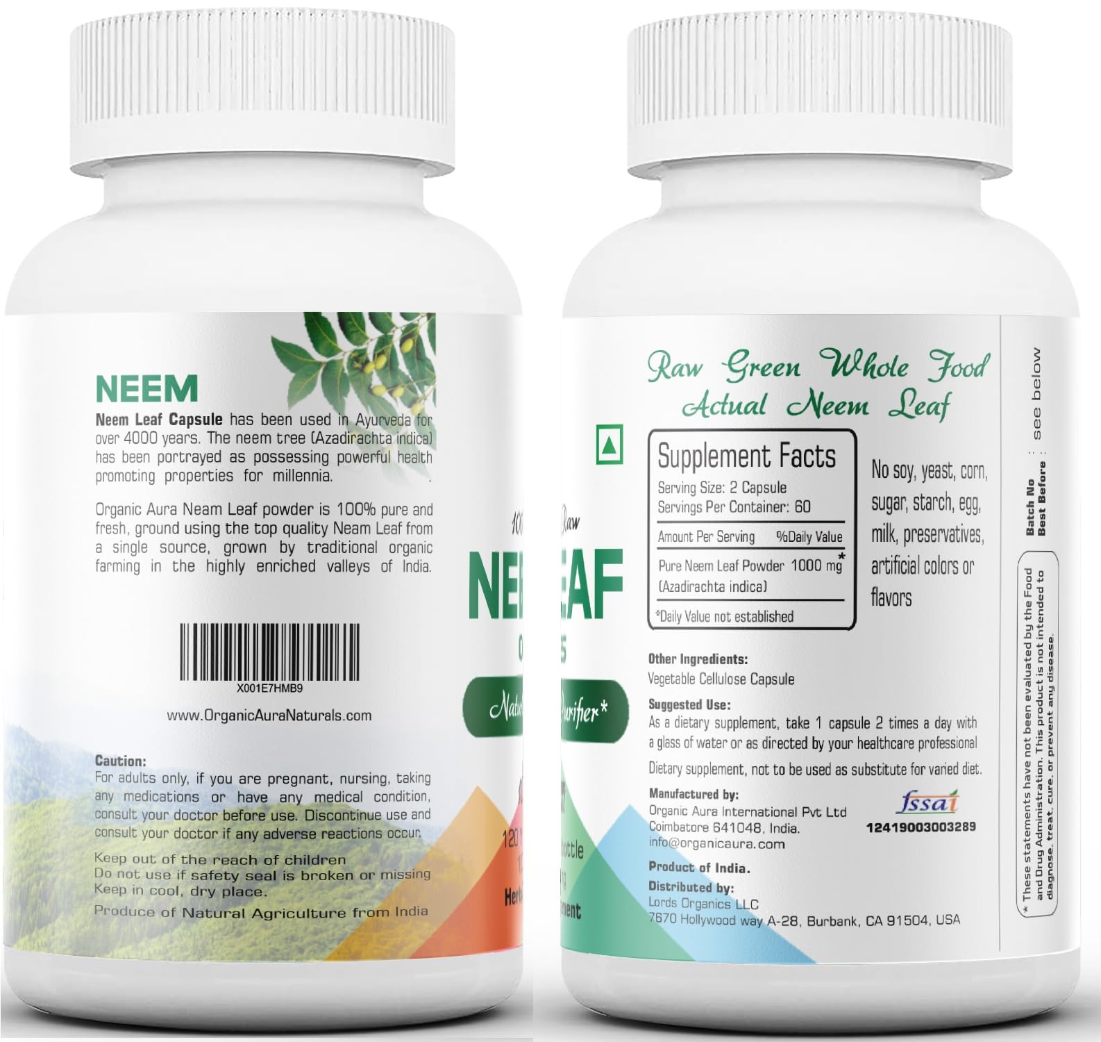 Organic Aura Neem Cápsulas, etiqueta del bote, información clara de ingredientes.