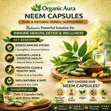Organic Aura Neem Cápsulas, cápsulas visibles en la botella, pureza y potencia en cada dosis.
