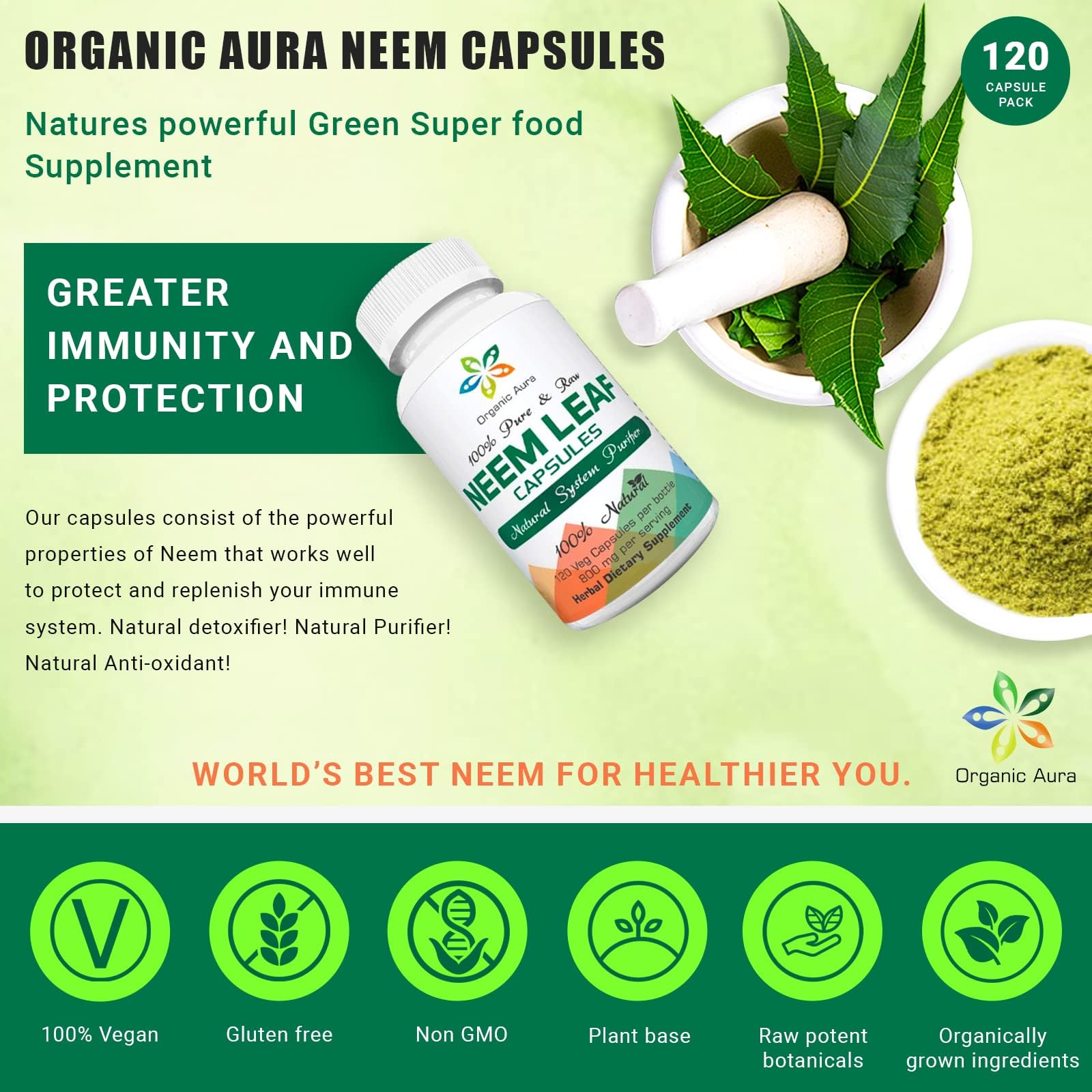 Organic Aura Neem Cápsulas, uso diario para apoyo general y rutina práctica.