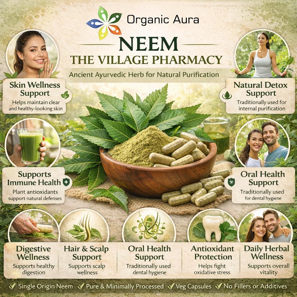 Hojas de neem Organic Aura, hojas frescas para uso diario y enfoque natural.