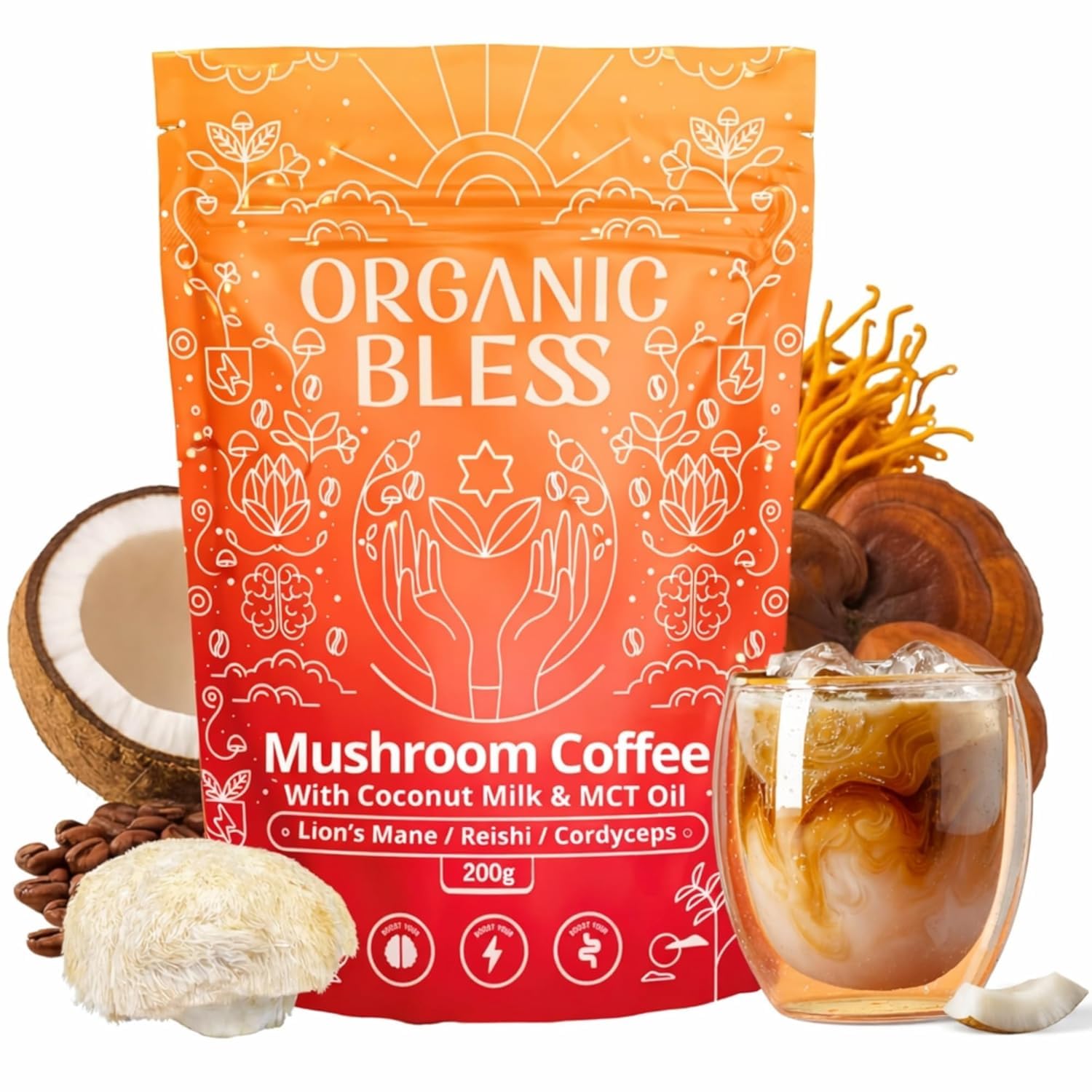 Organic Bless café instantáneo en taza, sabor suave y crema natural.