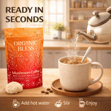Aceite MCT Organic Bless, botella junto a taza para mezcla eficiente.