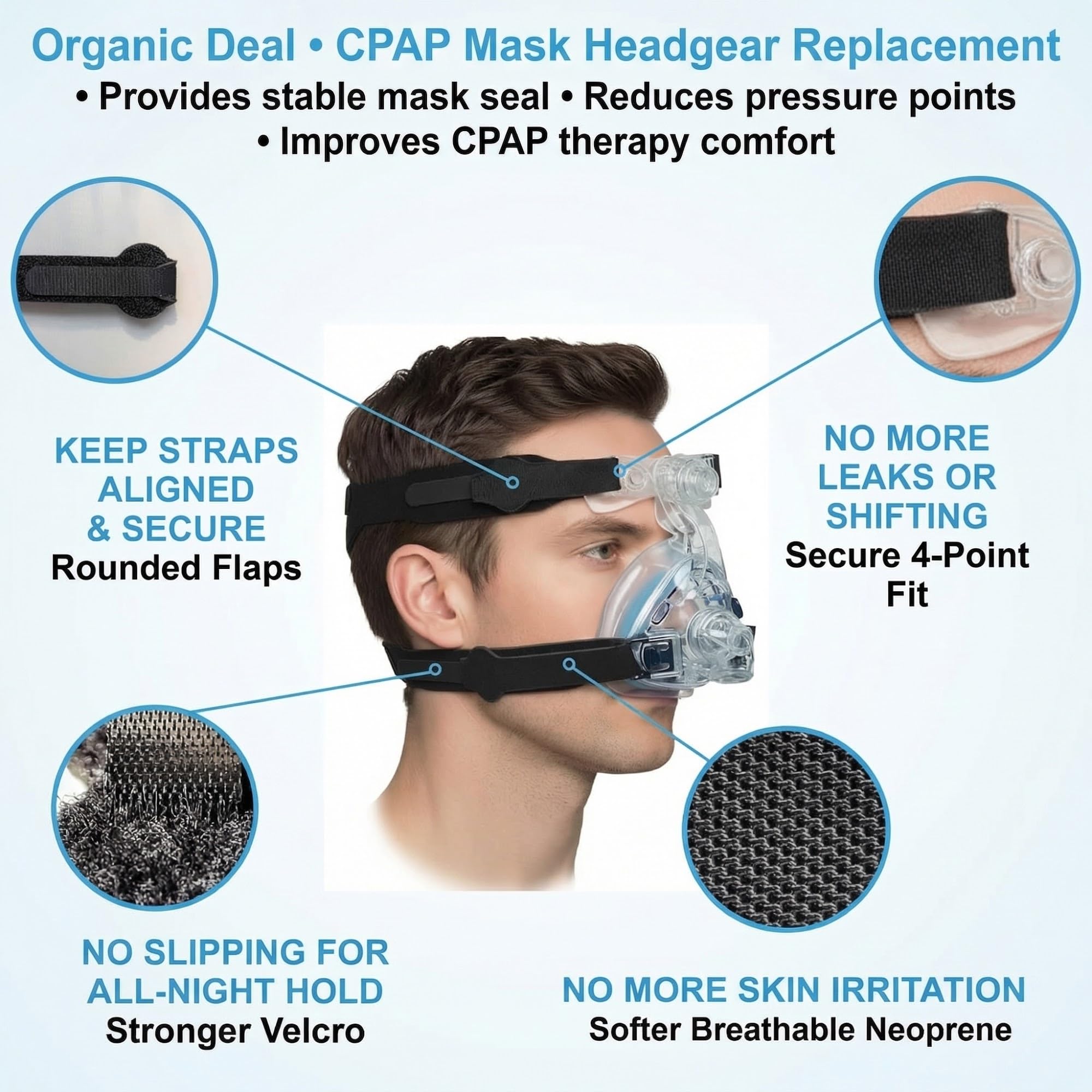 Organic Deal ruta ajustable: correa CPAP mantiene el ajuste seguro al moverse durante el sueño.