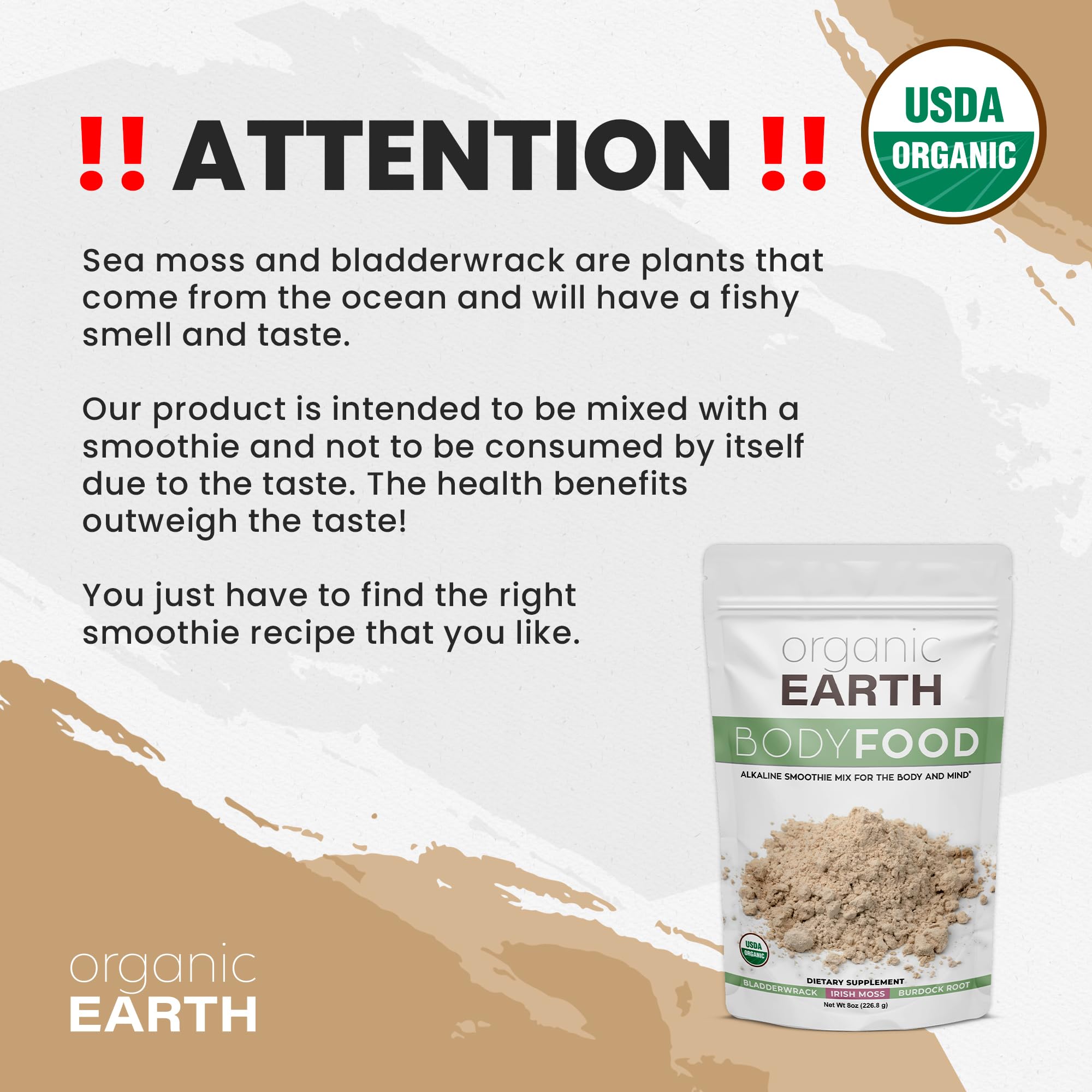 Organic Earth Irish Sea Moss Powder: bolsa sellada, ideal para mezclar nutritivamente
