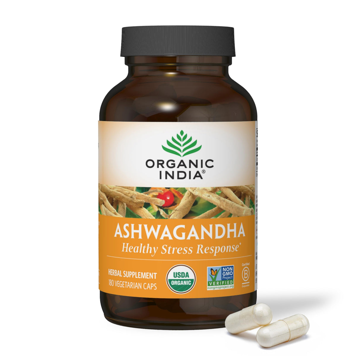 Organic India Ashwagandha: envase de cápsulas para apoyo diario al estrés