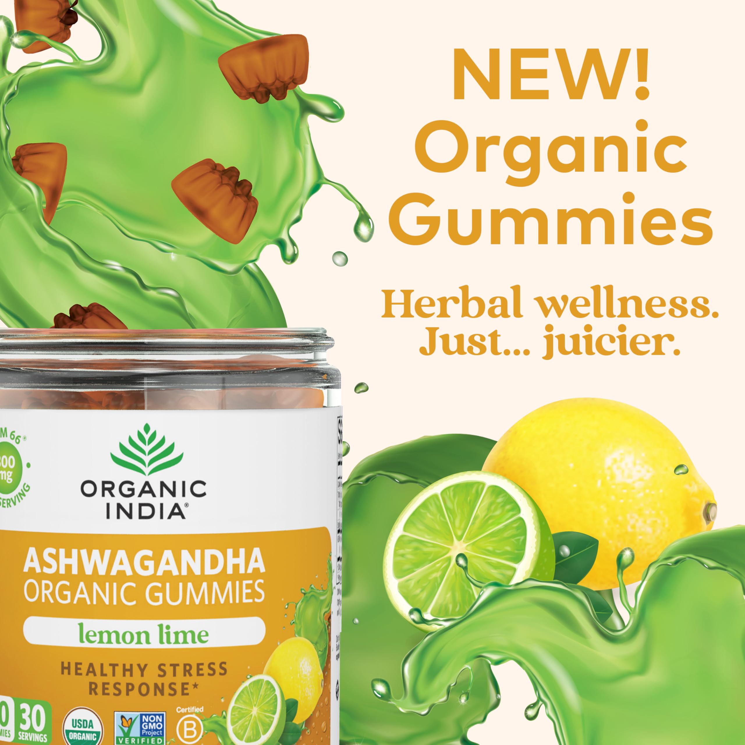 Etiqueta ORGANIC INDIA con aroma cítrico y fórmula KSM-66 para bienestar