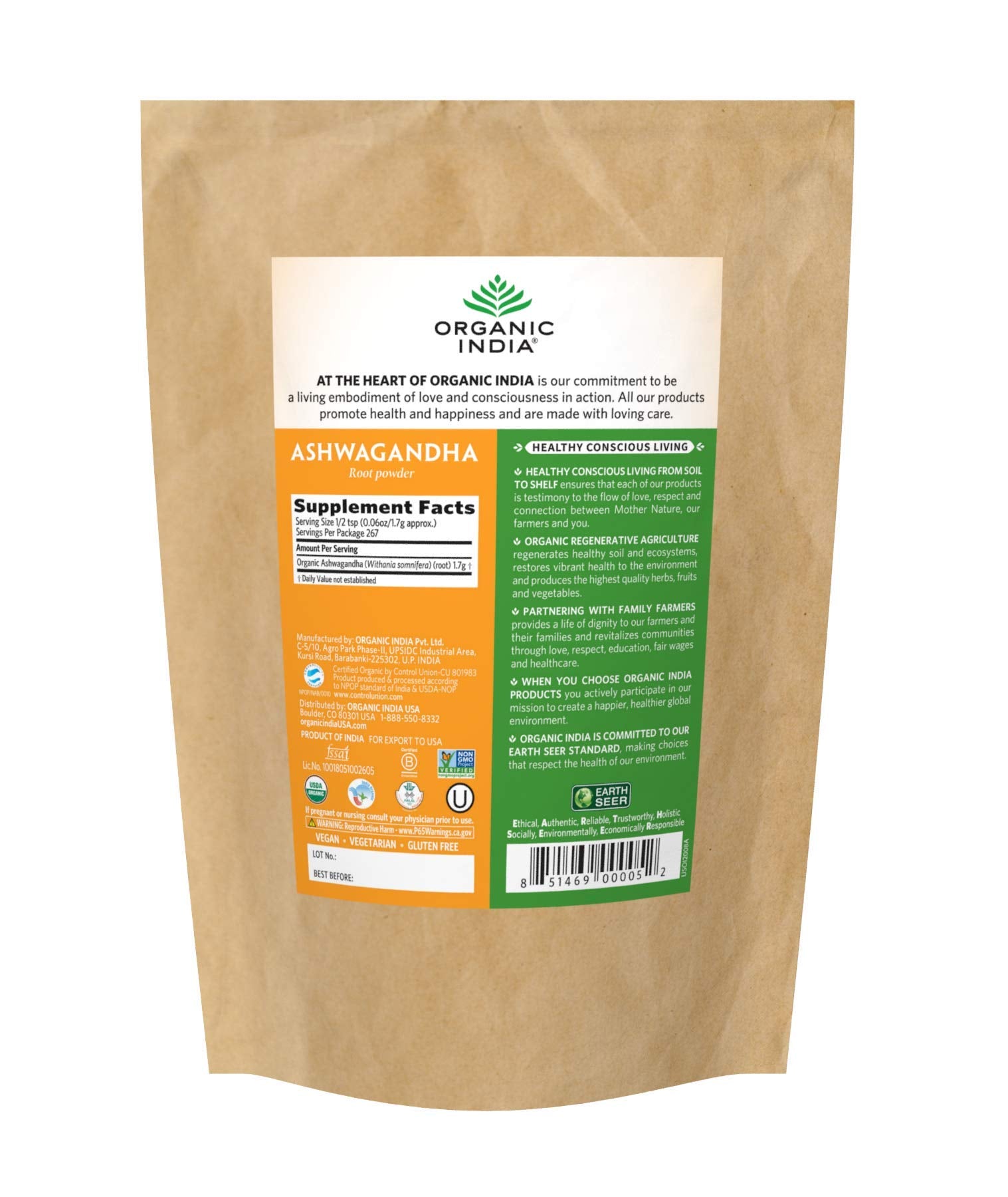 ORGANIC INDIA Ashwagandha con etiqueta clara para selección rápida y dosis diaria