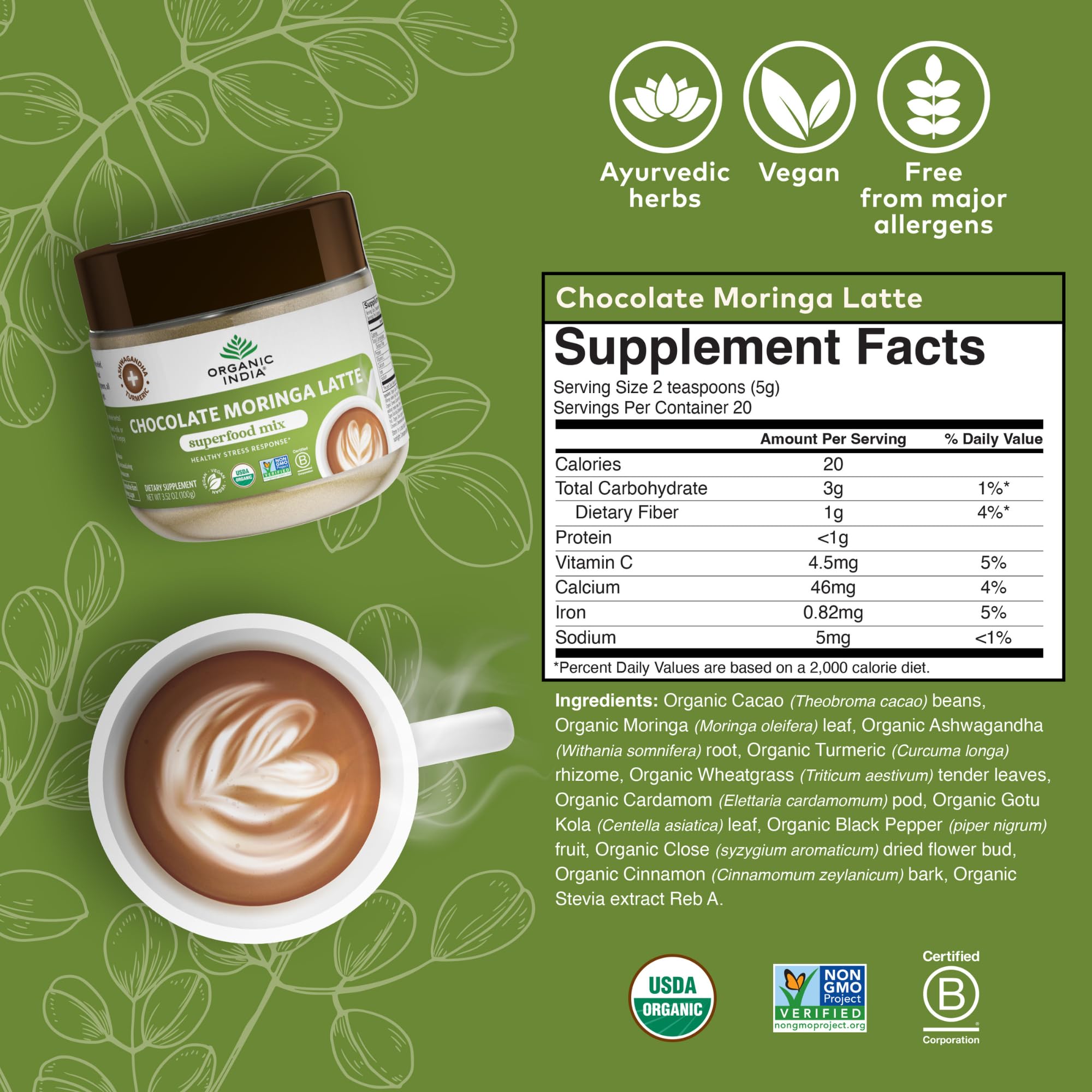 Producto certificado B Corp ORGANIC INDIA Chocolate Moringa Latte Powder