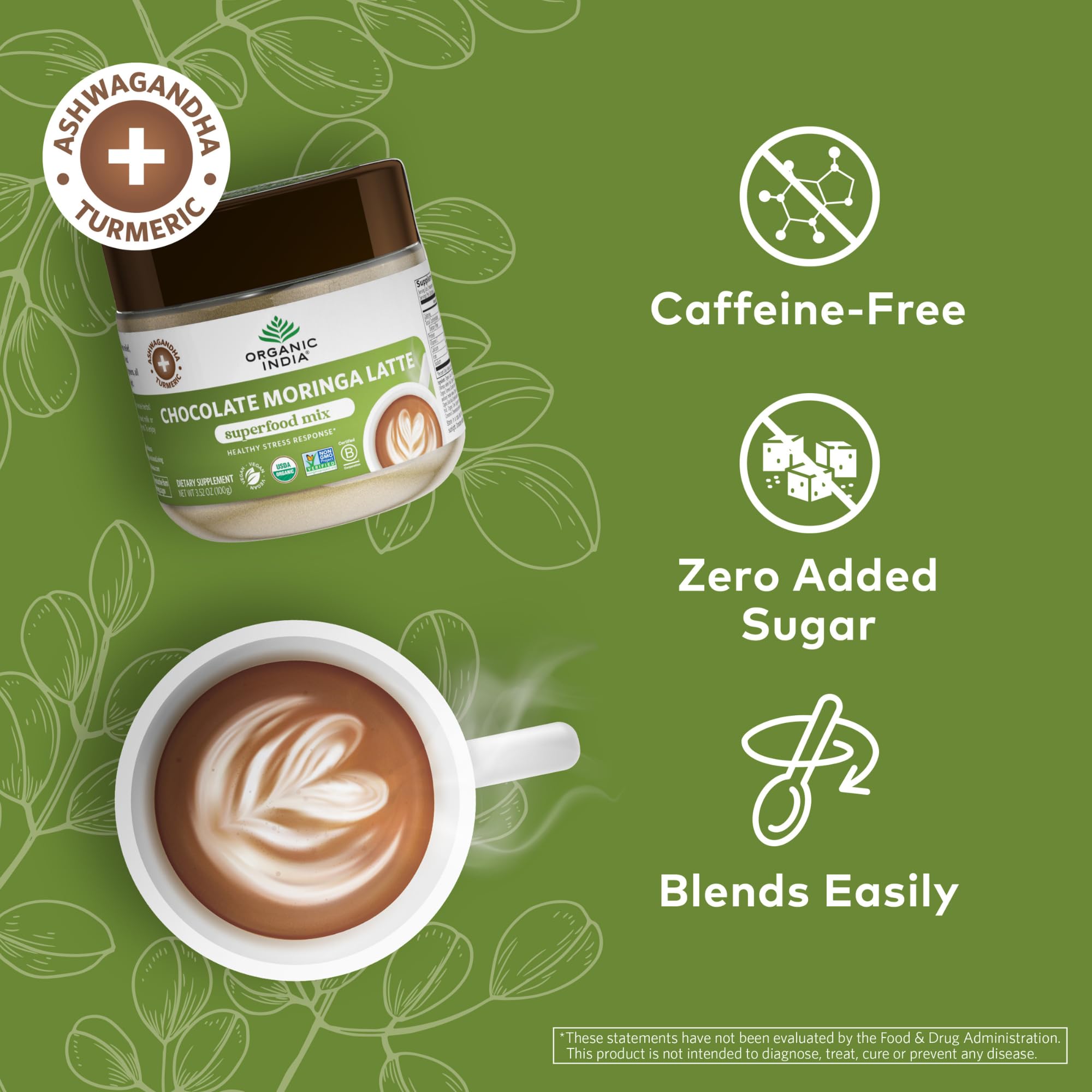 Cuchara medidora junto a ORGANIC INDIA Chocolate Moringa Latte Powder porciones precisas