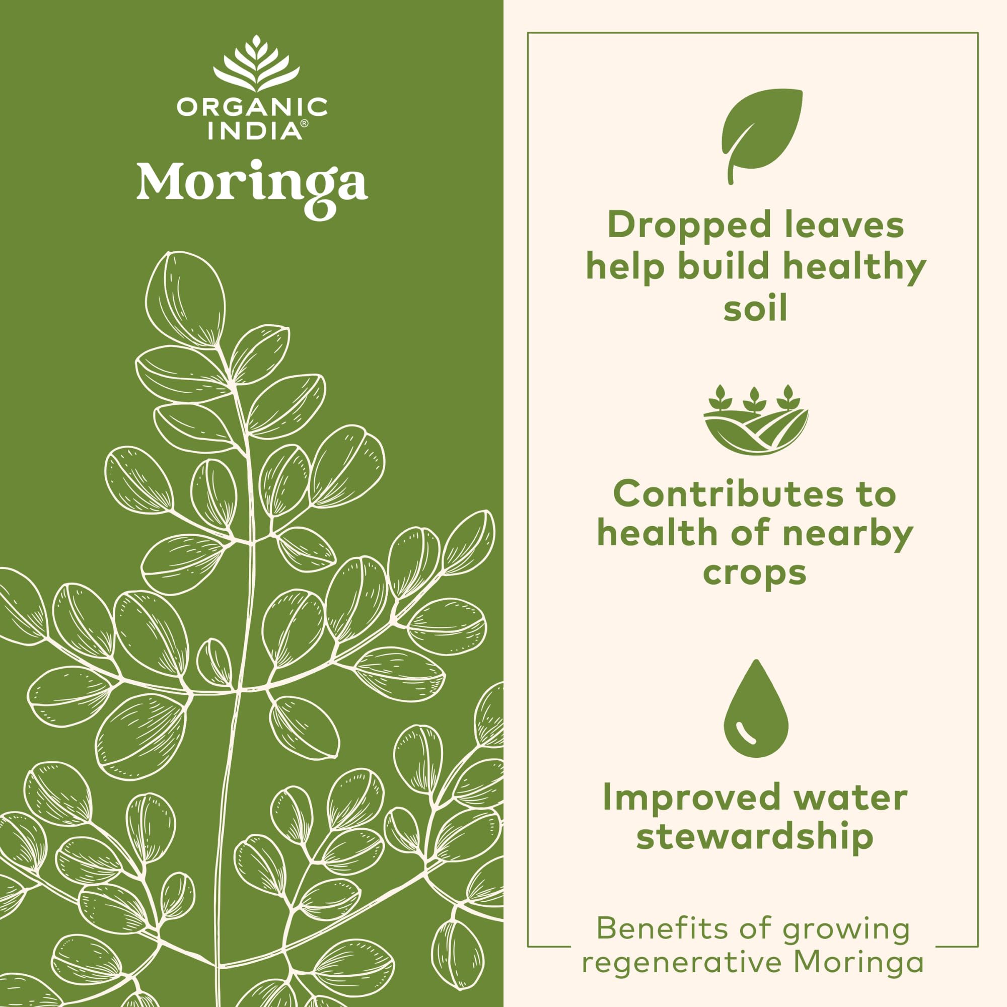 Ingredientes moringa y wheatgrass en ORGANIC INDIA Chocolate Moringa Latte Powder