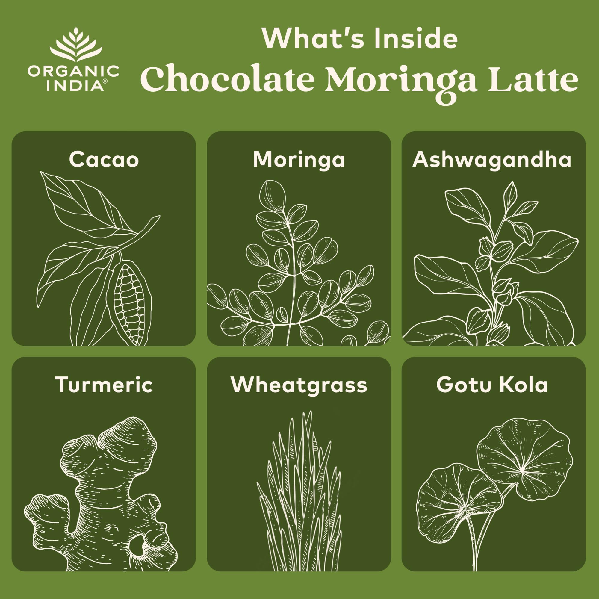 Mezcla rápida con leche caliente para crema suave ORGANIC INDIA Chocolate Moringa Latte Powder