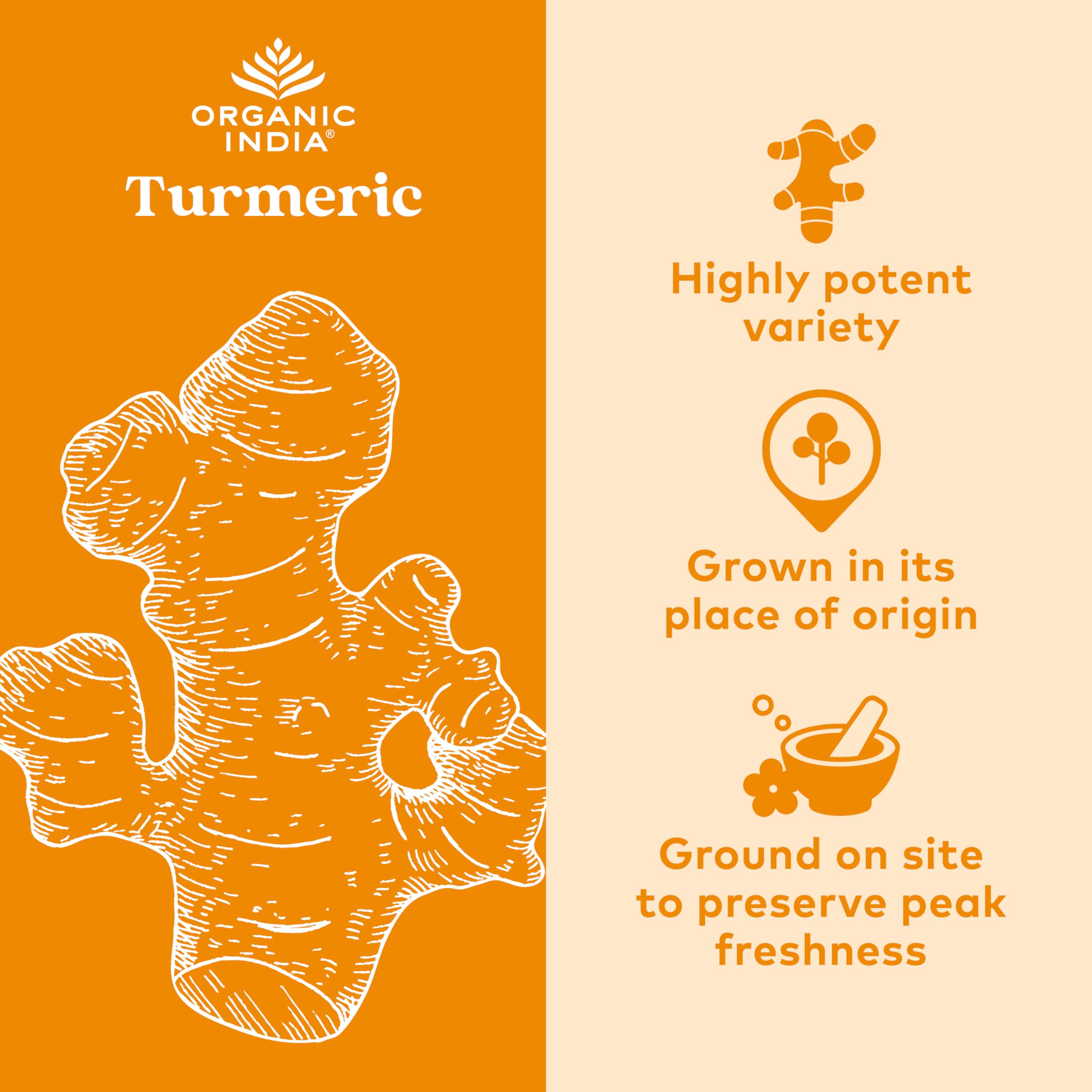 Etiqueta de ORGANIC INDIA Cúrcuma Curcumina, con información de ingredientes y origen.