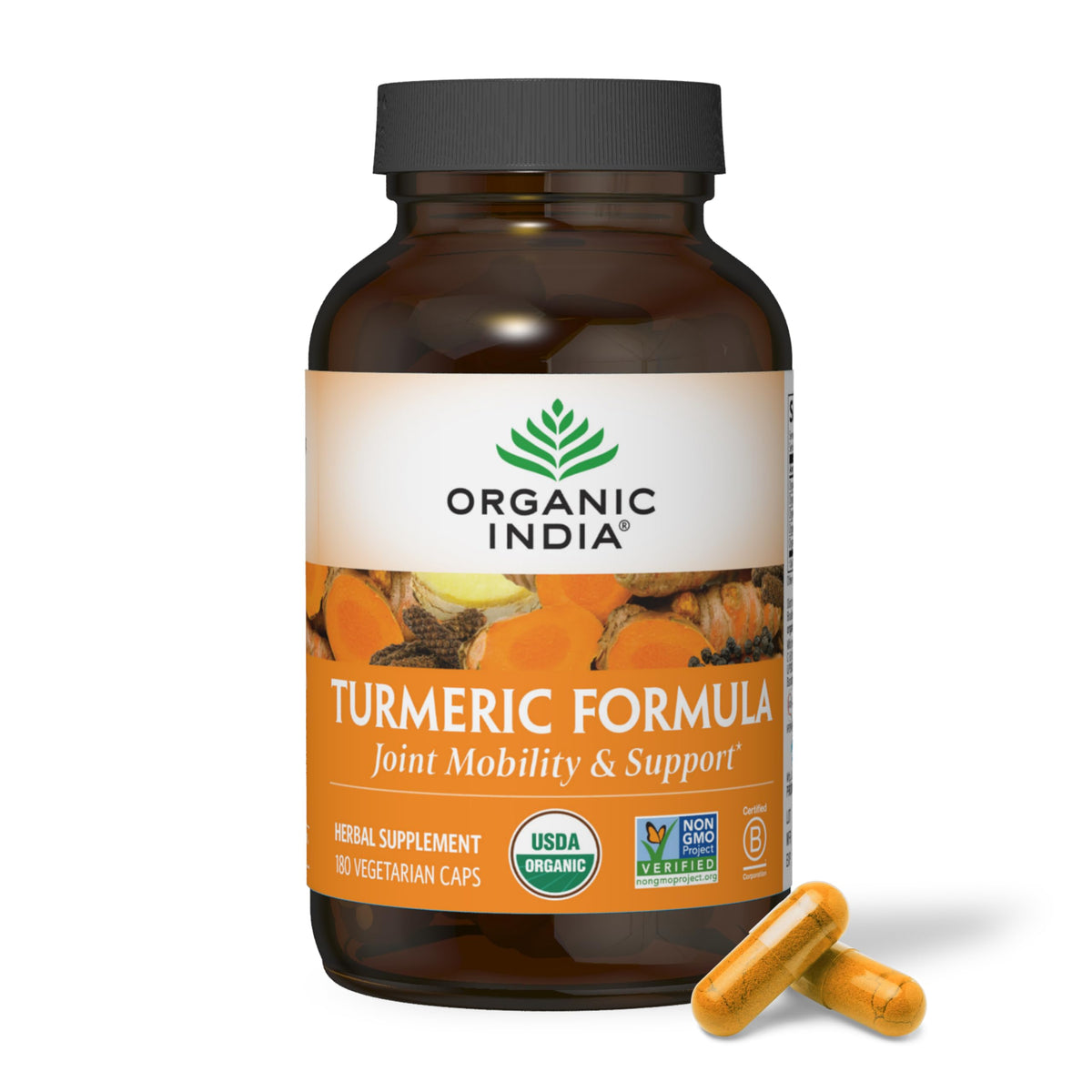 ORGANIC INDIA Cúrcuma Curcumina frasco frontal, posible apoyo a la movilidad articular.