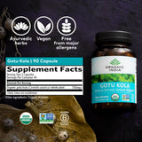 Gotu Kola Organic India etiqueta que resalta compromiso con calidad y sostenibilidad.