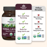 ORGANIC INDIA Laxante Herbal envase con diseño sostenible.