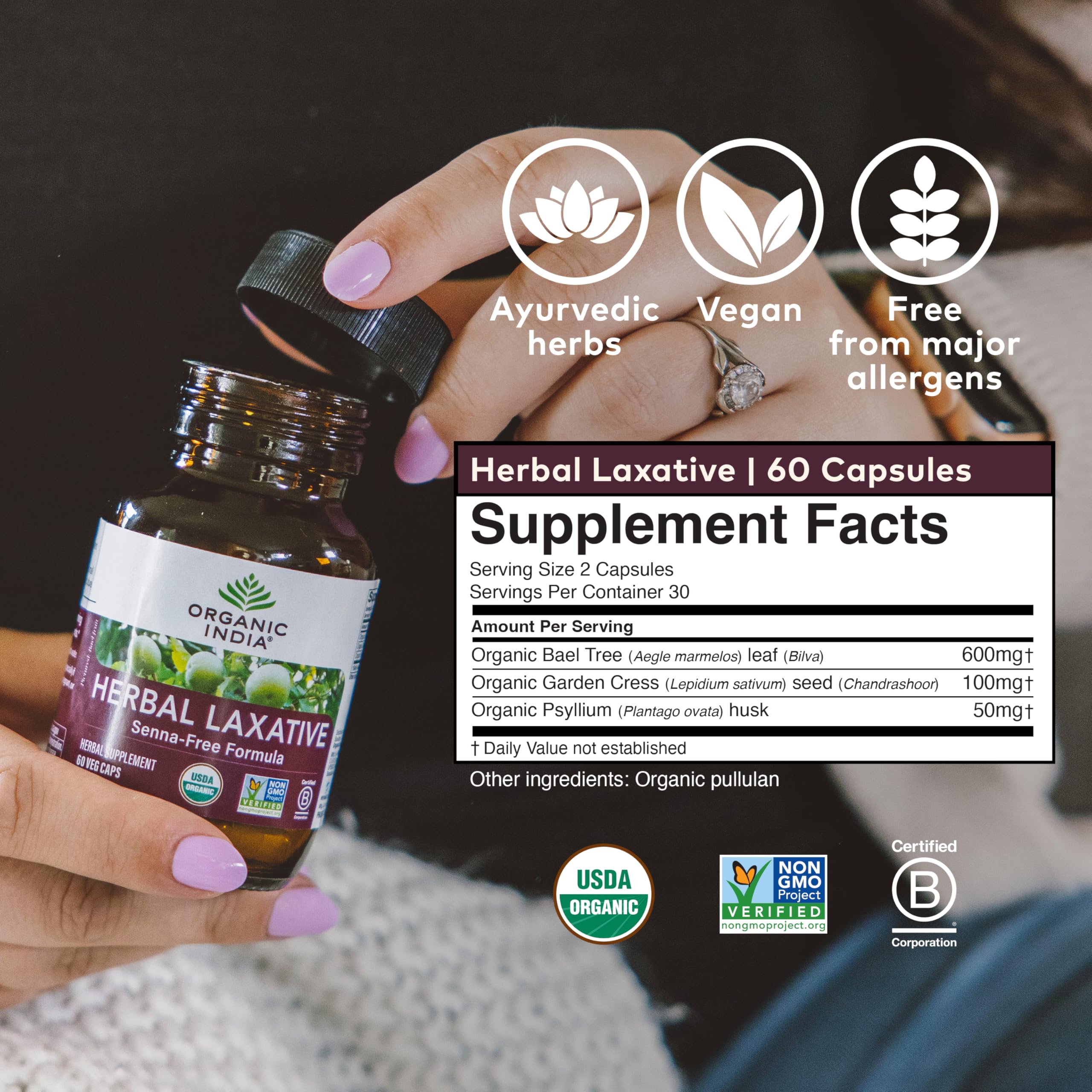 ORGANIC INDIA Laxante Herbal uso diario en dietas veganas.
