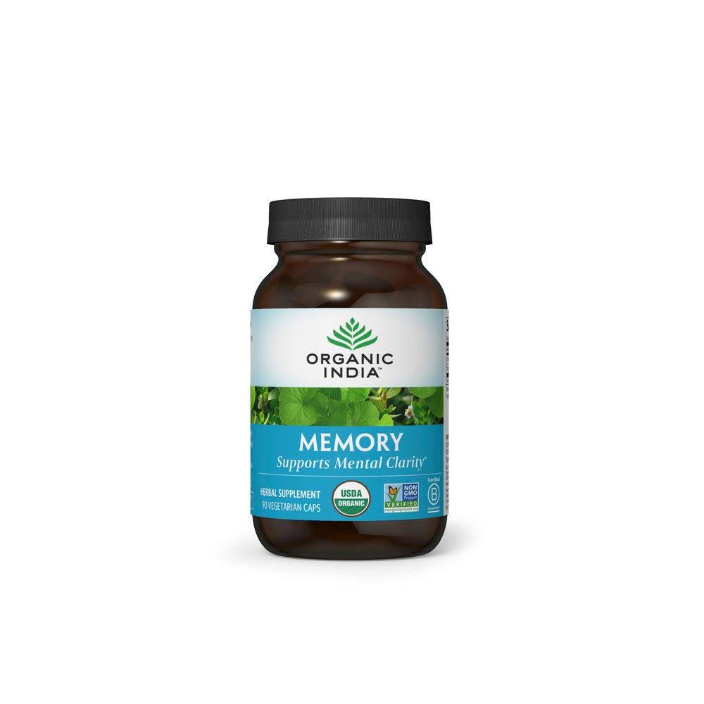Memory de ORGANIC INDIA: botella y cápsulas para claridad mental y enfoque