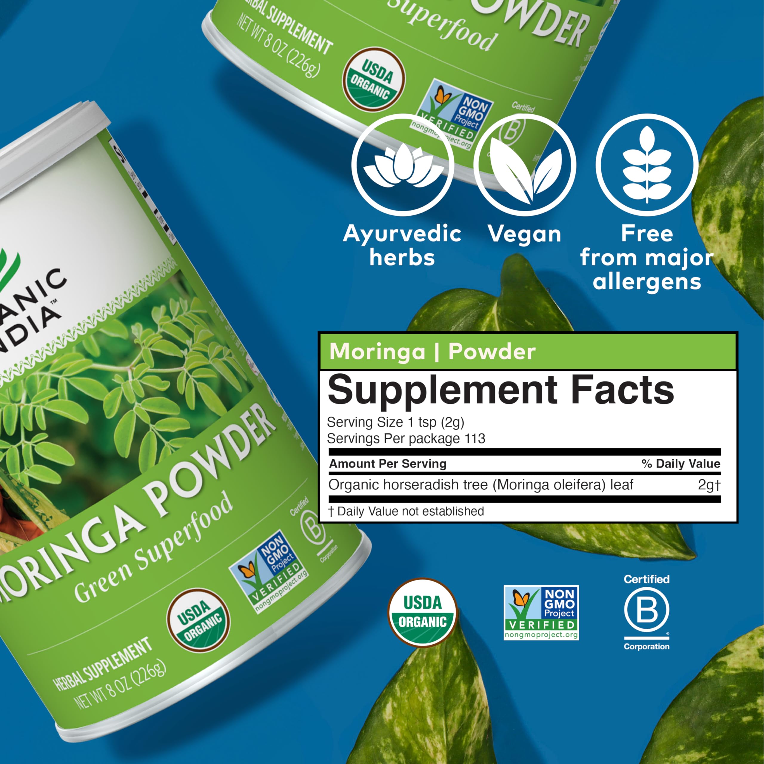 Certificado orgánico de Organic India Moringa para tranquilidad.