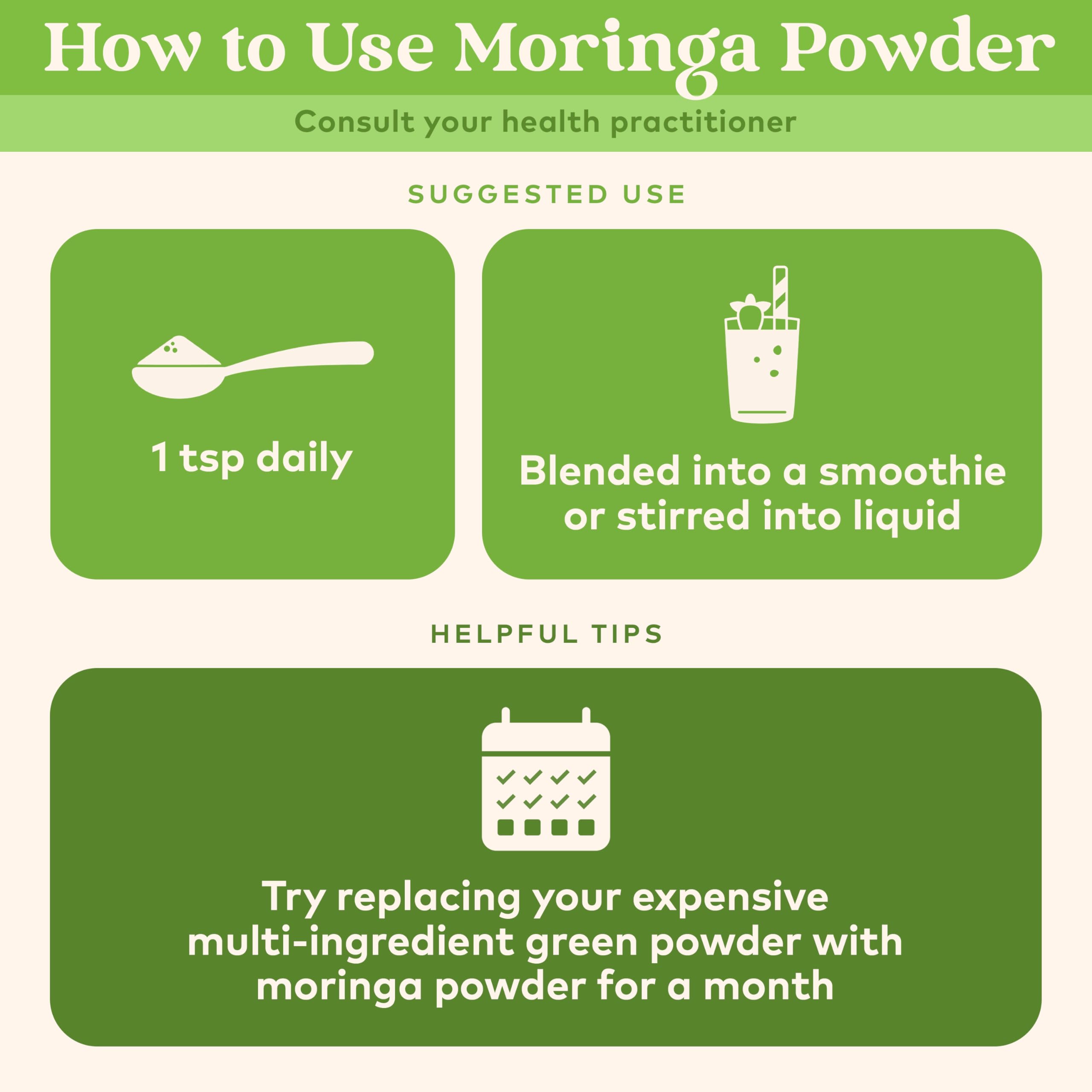 Envase de 8 oz de Organic India Moringa para dosis diaria fácil.