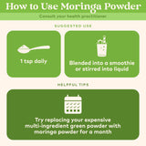 Envase de 8 oz de Organic India Moringa para dosis diaria fácil.