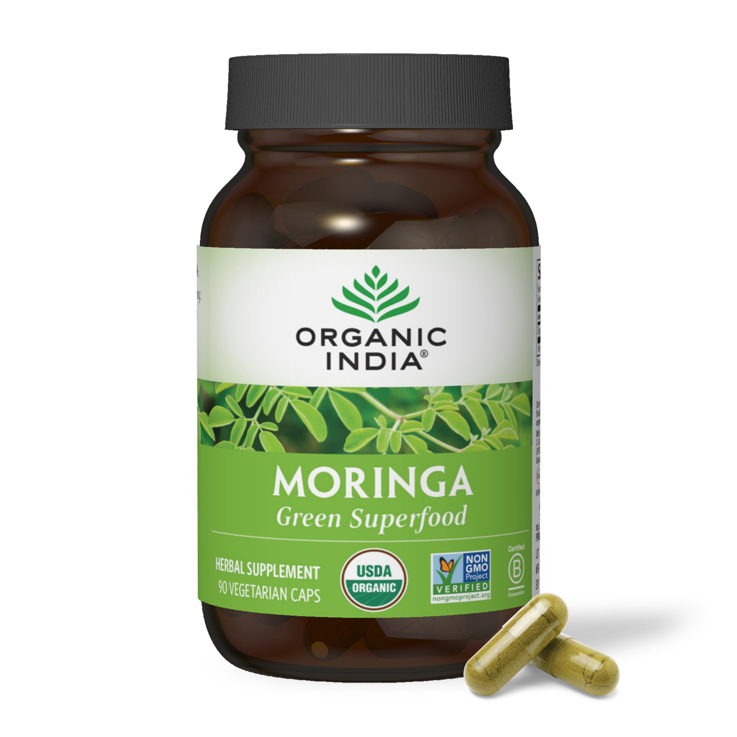 Organic India Moringa: cápsulas verdes, fuente de nutrientes para la vida diaria.