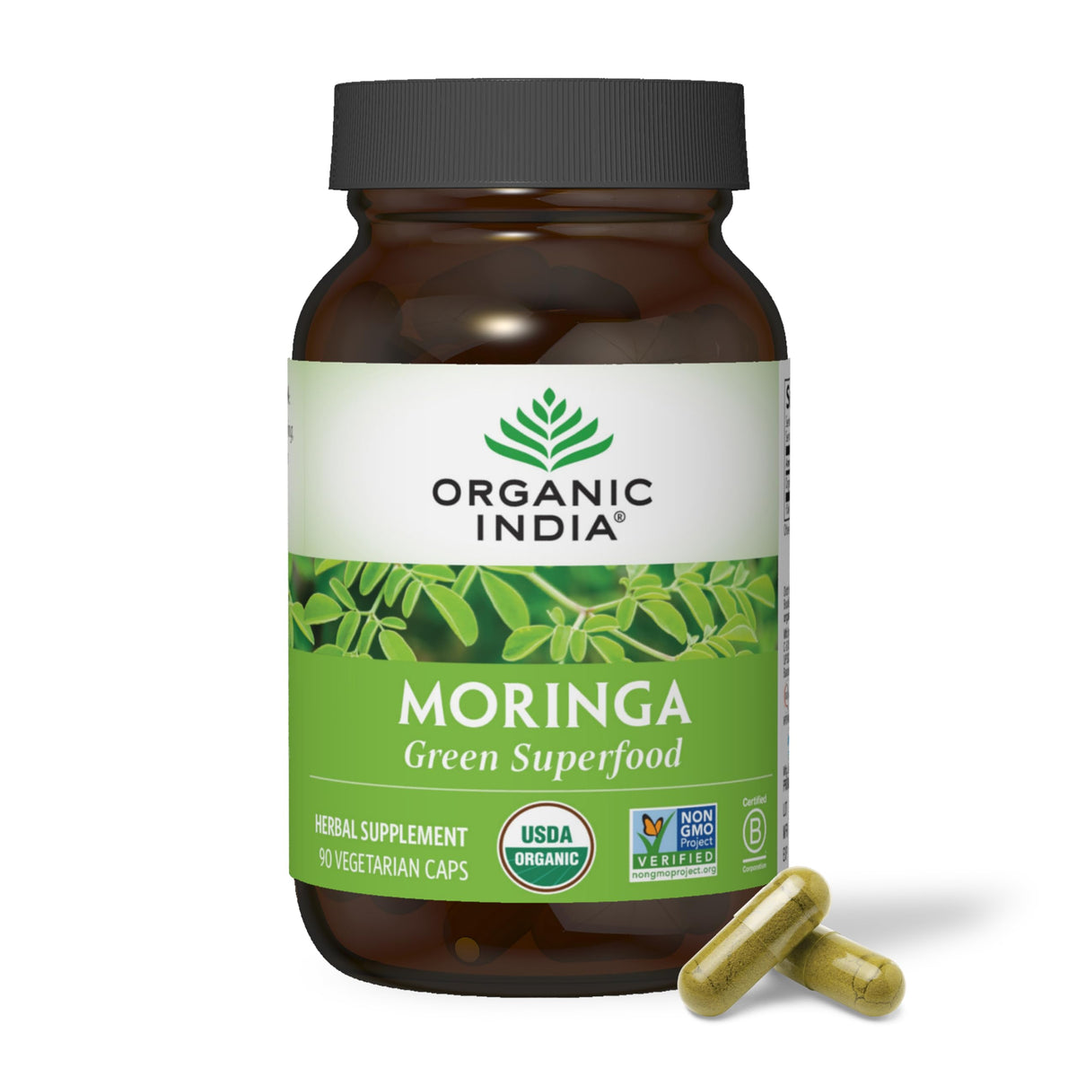 Organic India Moringa: cápsulas verdes, fuente de nutrientes para la vida diaria.