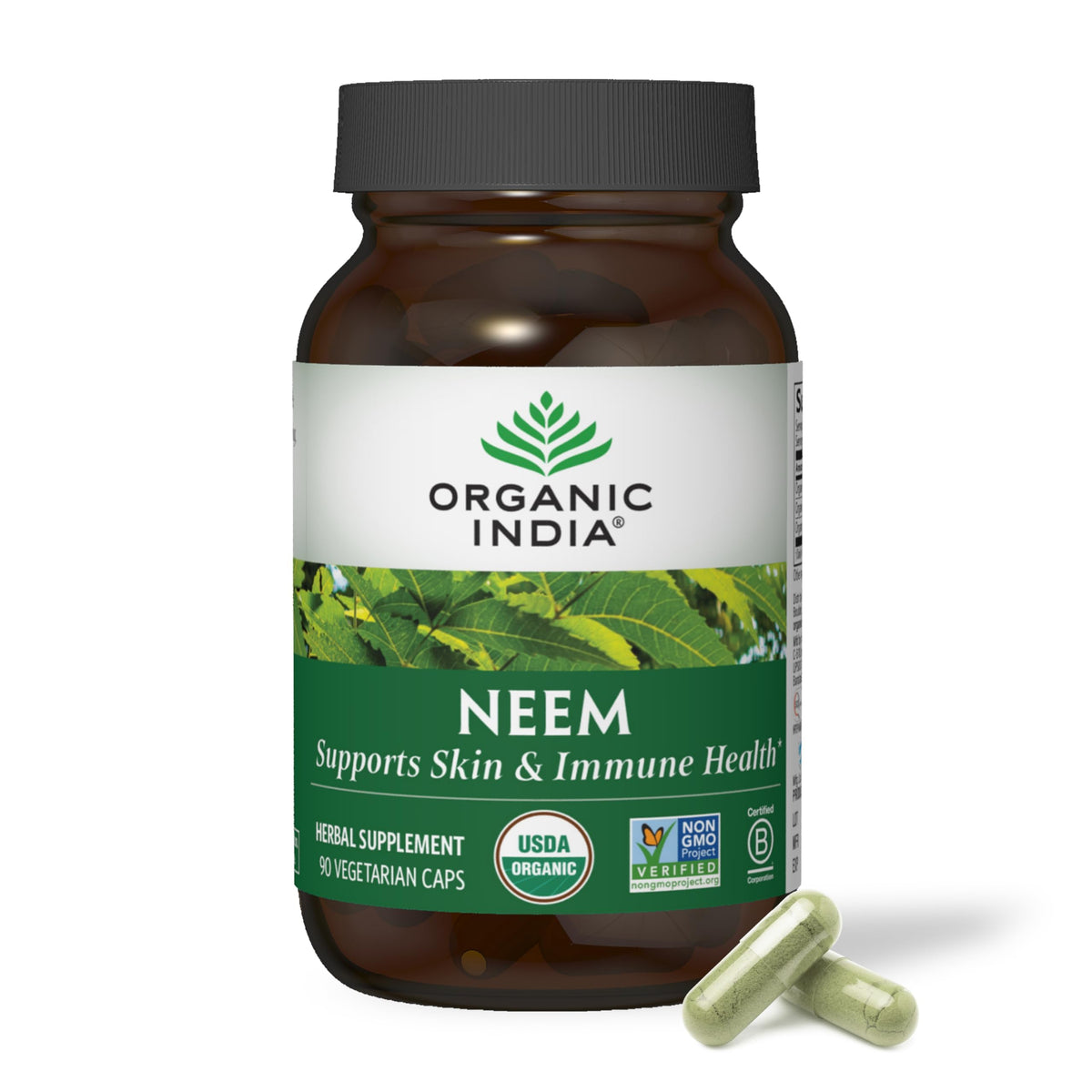 Botella de cápsulas ORGANIC INDIA neem para uso diario y bienestar.