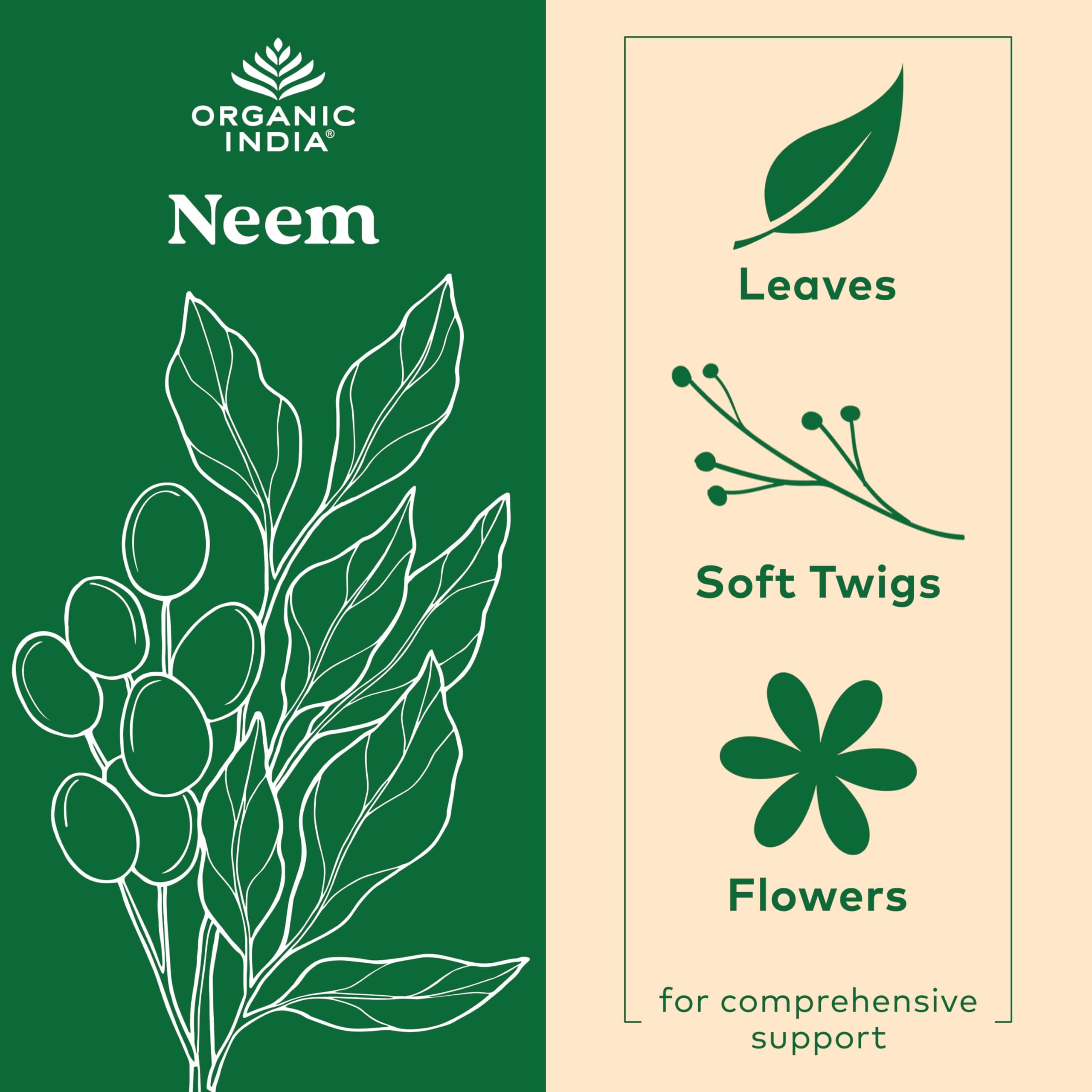 Detalle de cápsulas ORGANIC INDIA neem para consumo diario.