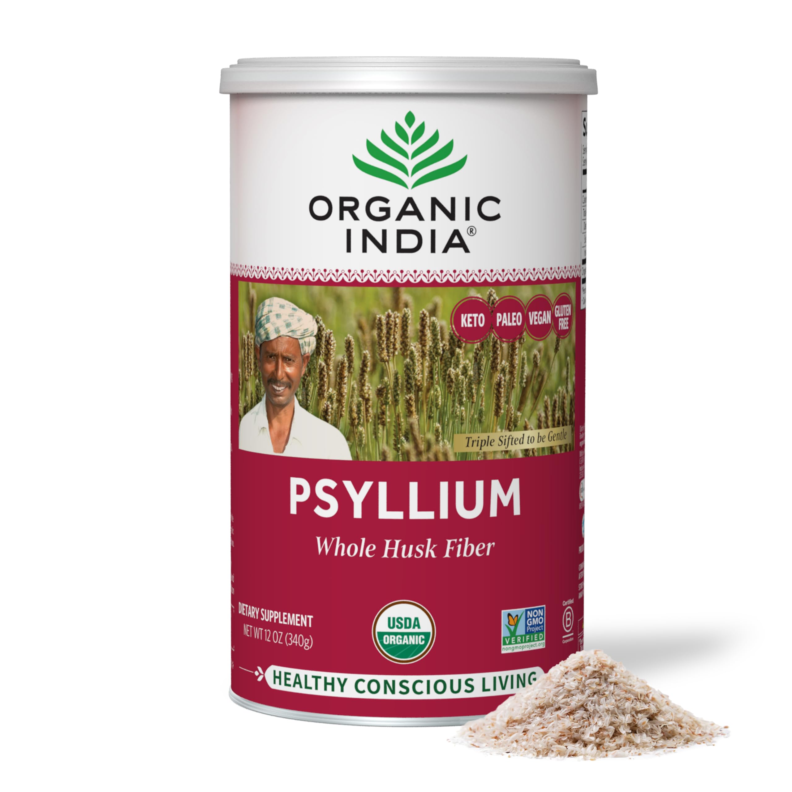 ORGANIC INDIA psyllium-cascara-entera-lata: fibra suave para apoyo digestivo diario