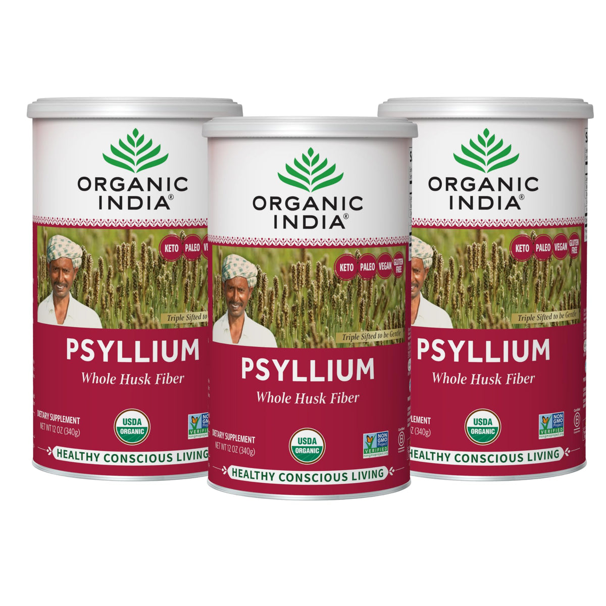 Organic India Psyllium Herbal Powder en frasco para uso diario y fibra suave