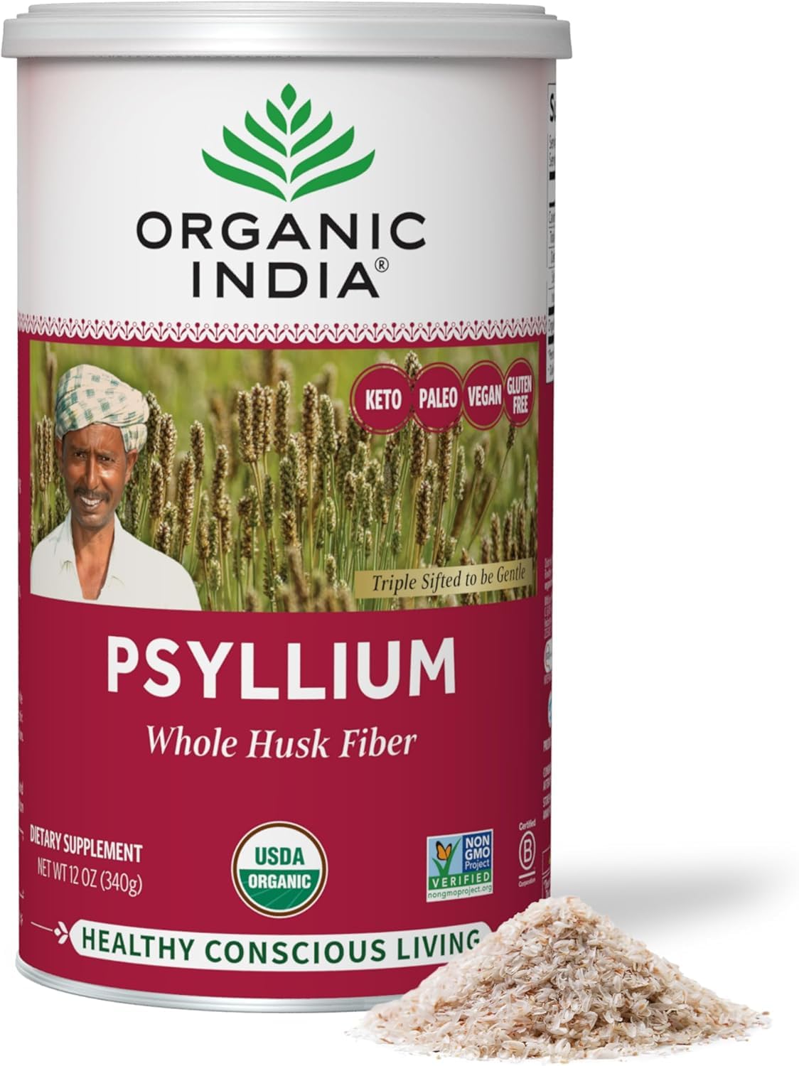ORGANIC INDIA Psyllium Herbal Powder en lata para fibra diaria