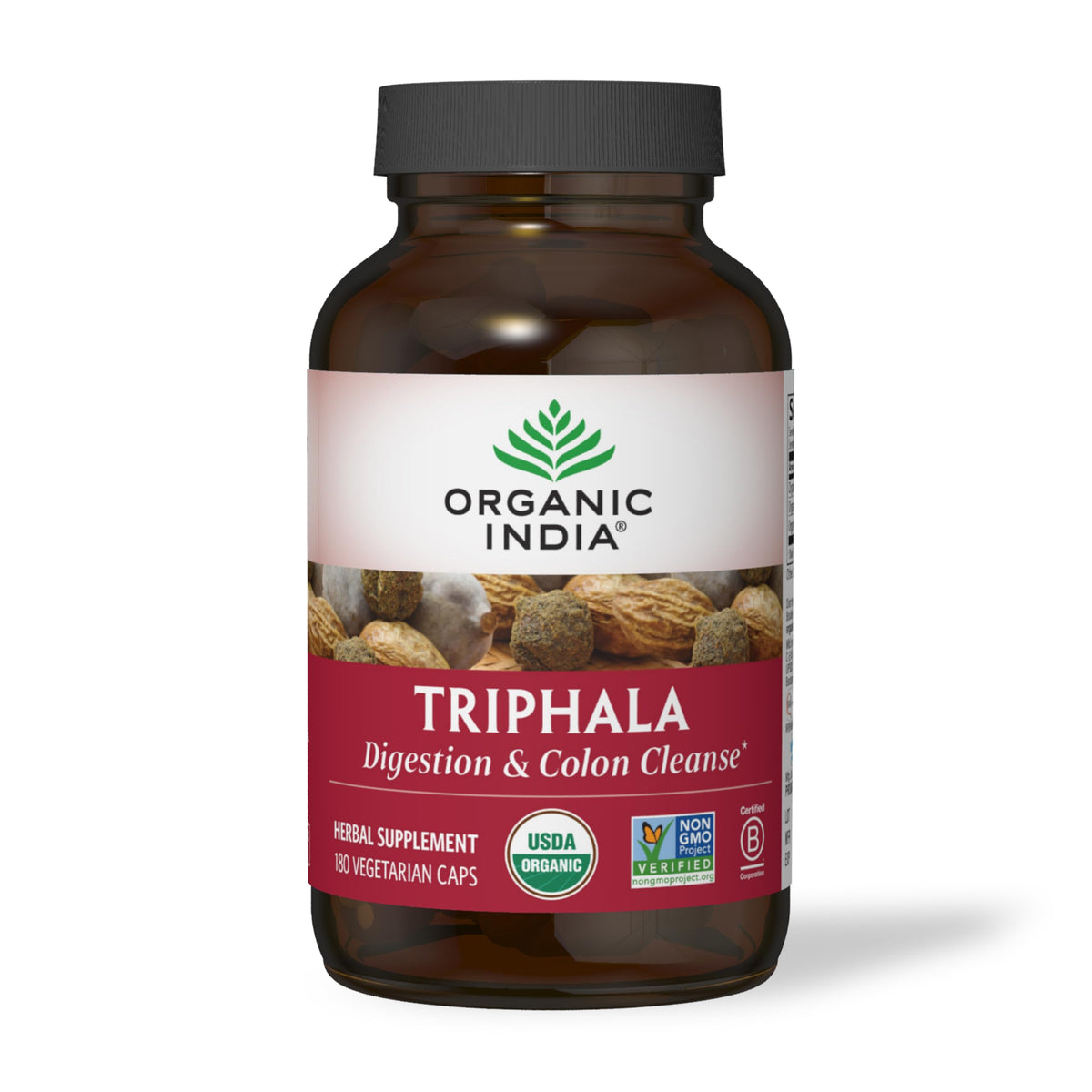 Organic India Triphala cápsulas, botella visible, apoyo digestivo suave para uso diario.