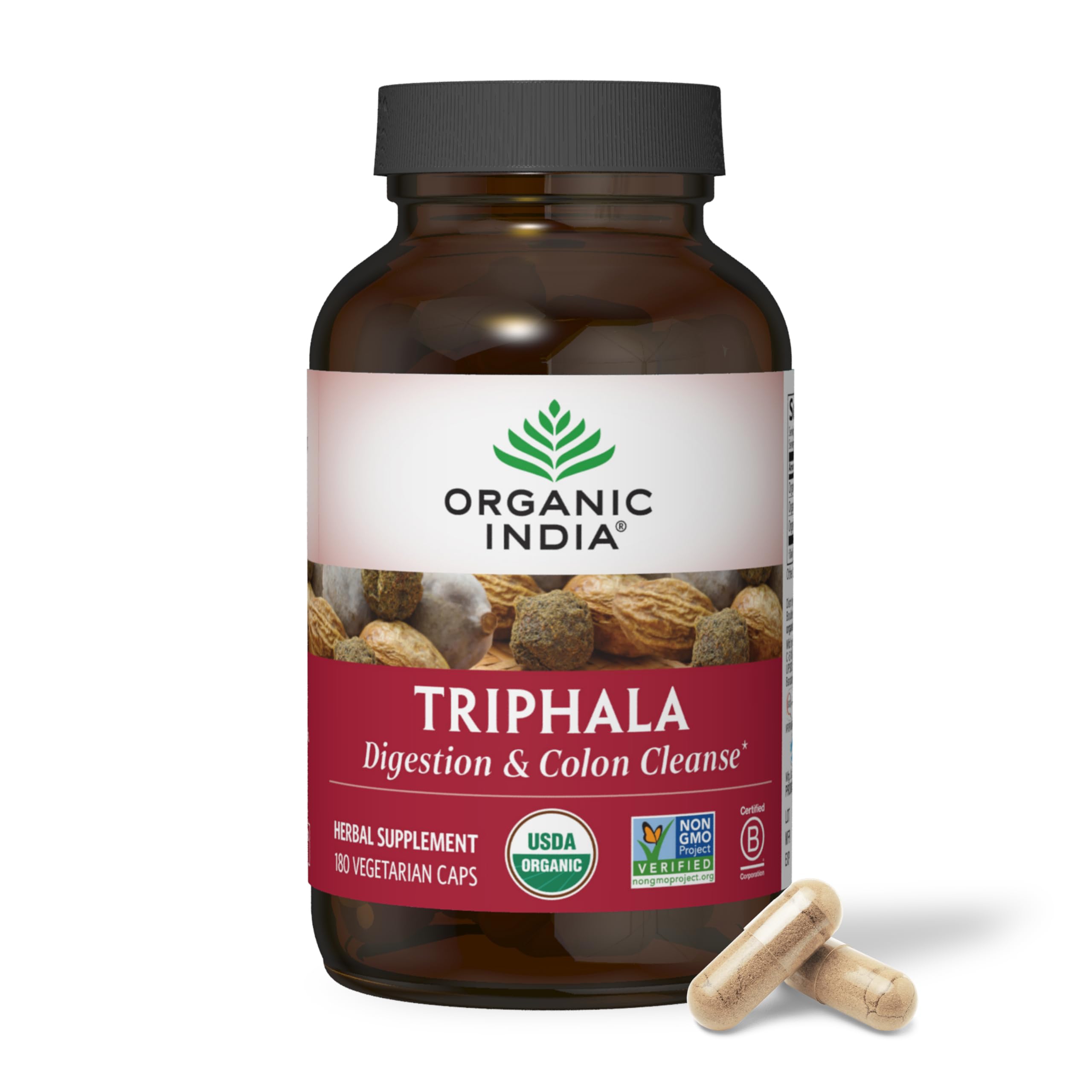 Organic India Triphala cápsulas, certificado orgánico USDA para calidad sostenible.