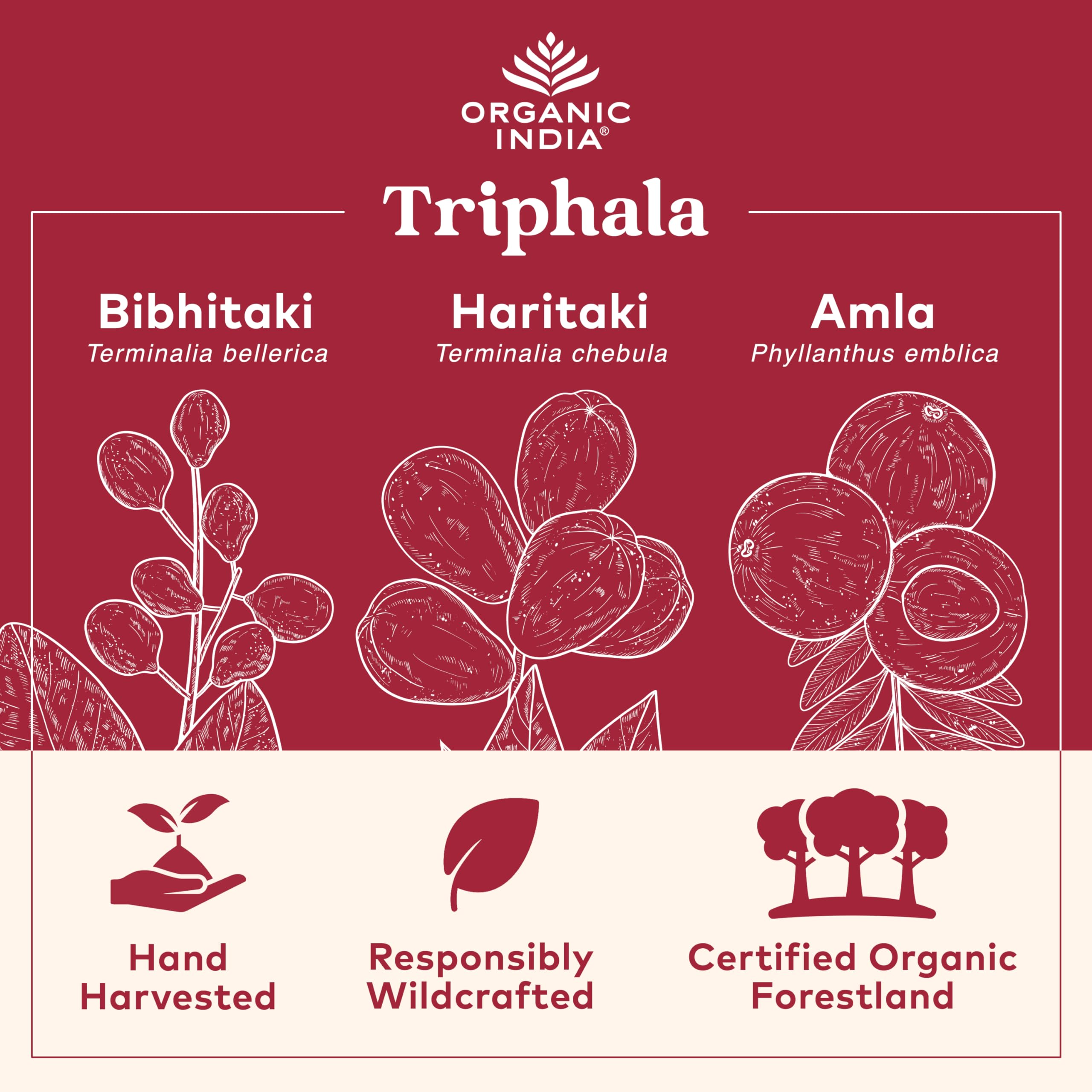 Organic India Triphala, etiqueta orgánica con certificación USDA para mayor confianza.