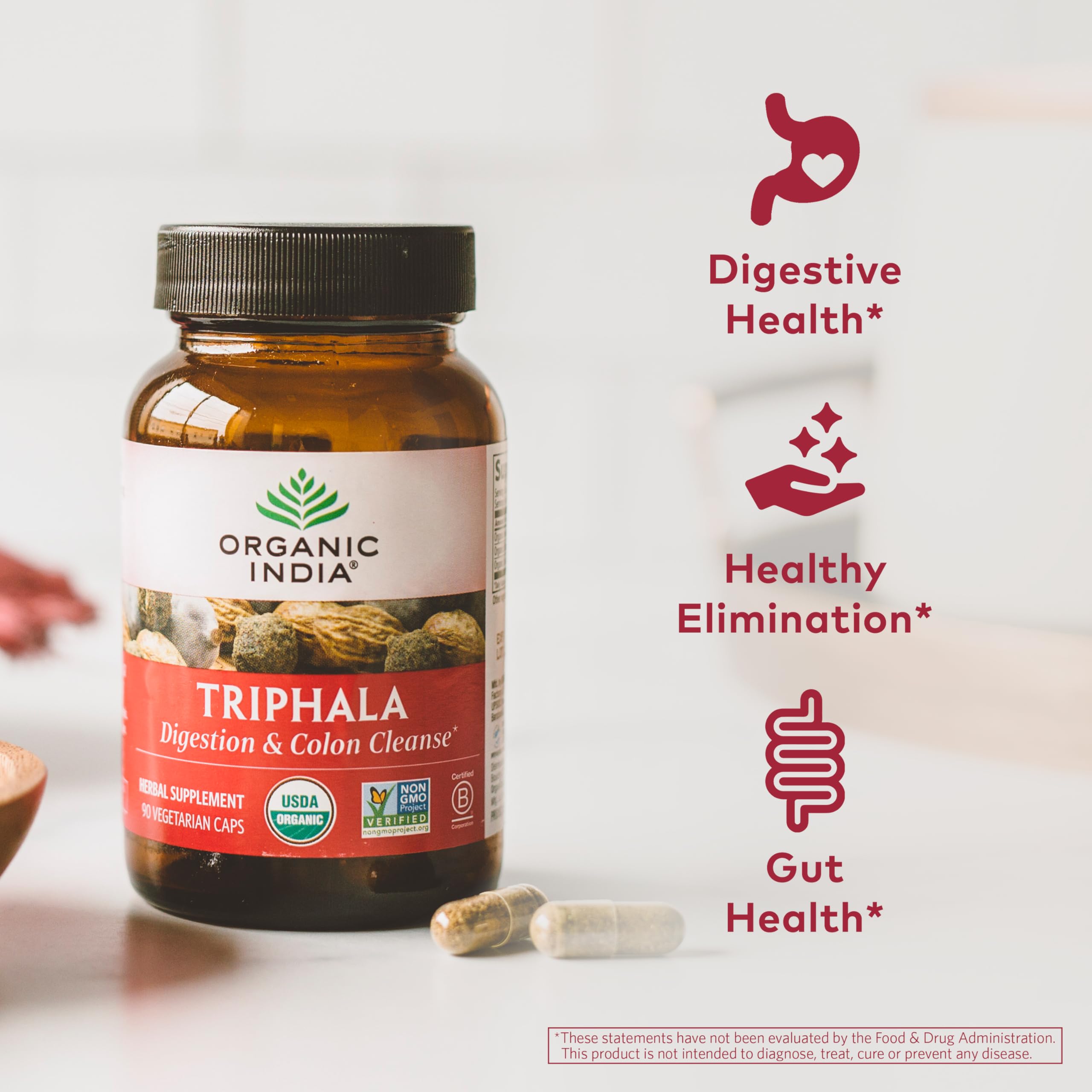 Organic India Triphala, ingredientes naturales amla bibhitaki haritaki para equilibrio digestivo.