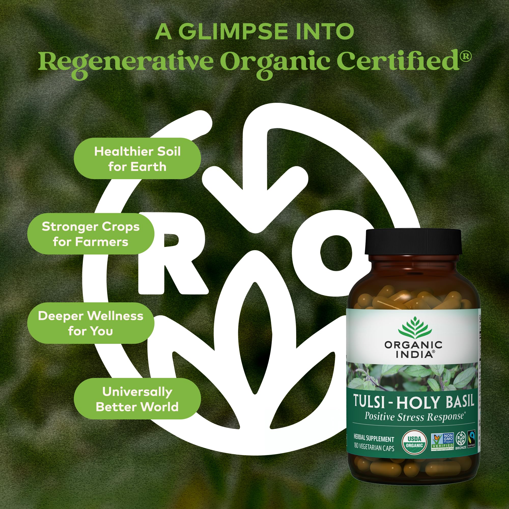 ORGANIC INDIA Tulsi botella con etiqueta muestra sello orgánico inspirador