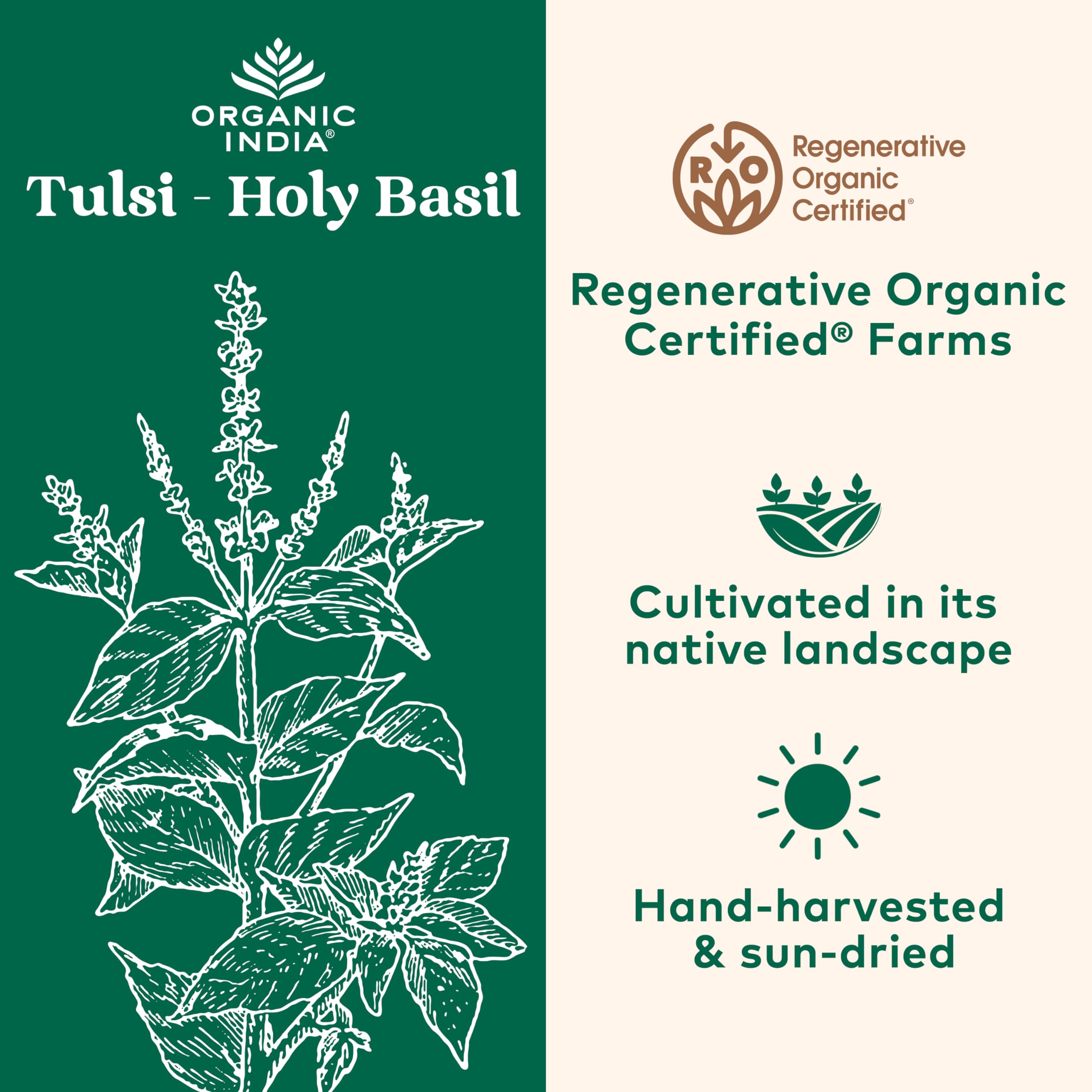 ORGANIC INDIA Tulsi etiqueta USDA visible para confianza en calidad