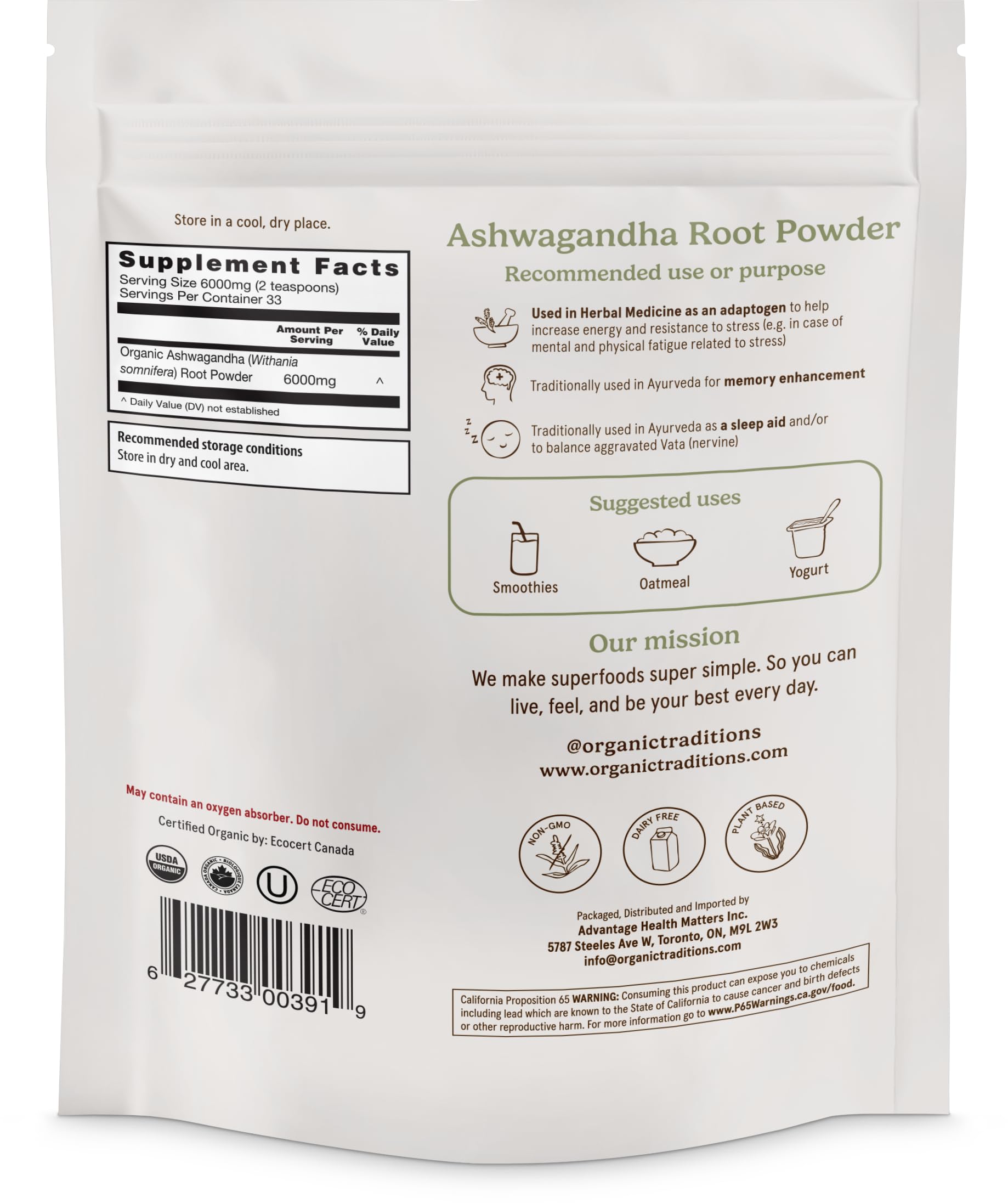 Ashwagandha polvo en cuchara, ideal para batidos y desayunos energizantes.