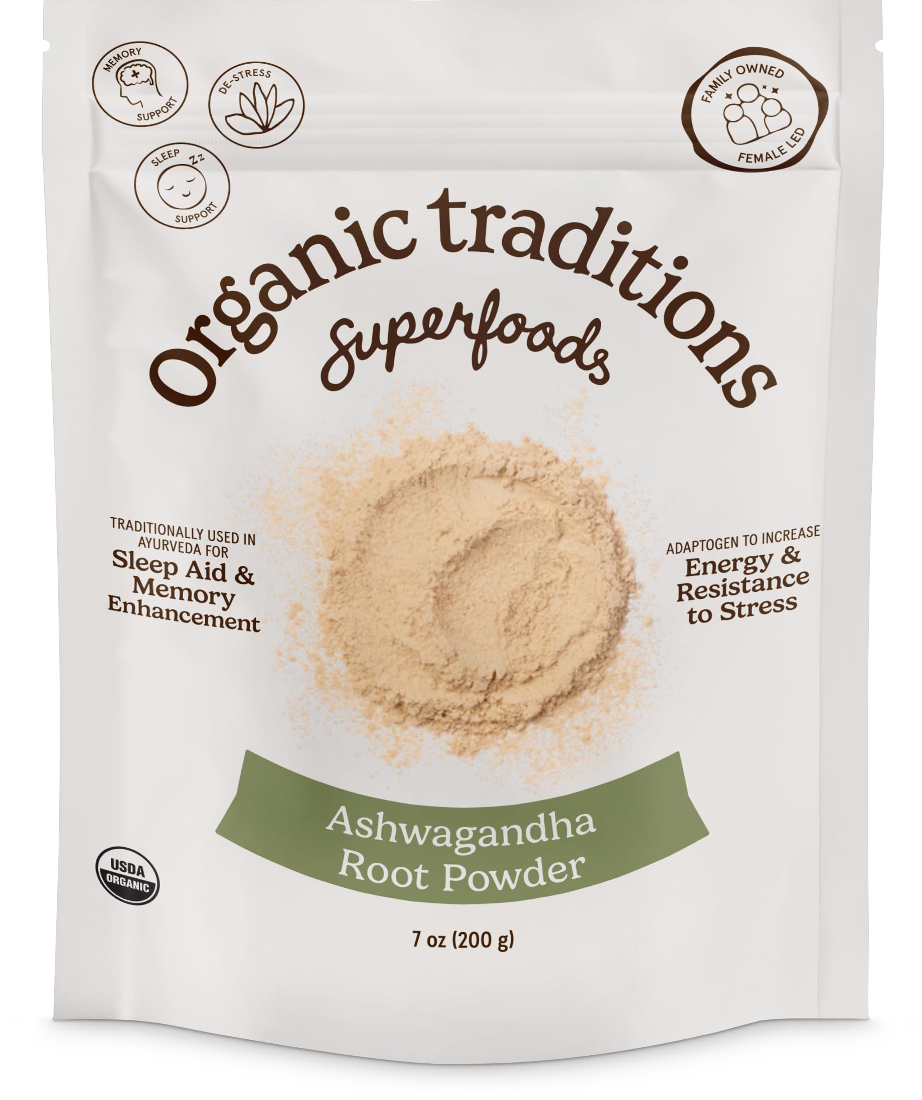 Organic Traditions Ashwagandha polvo de raíz en botella, apoyo al equilibrio diario.