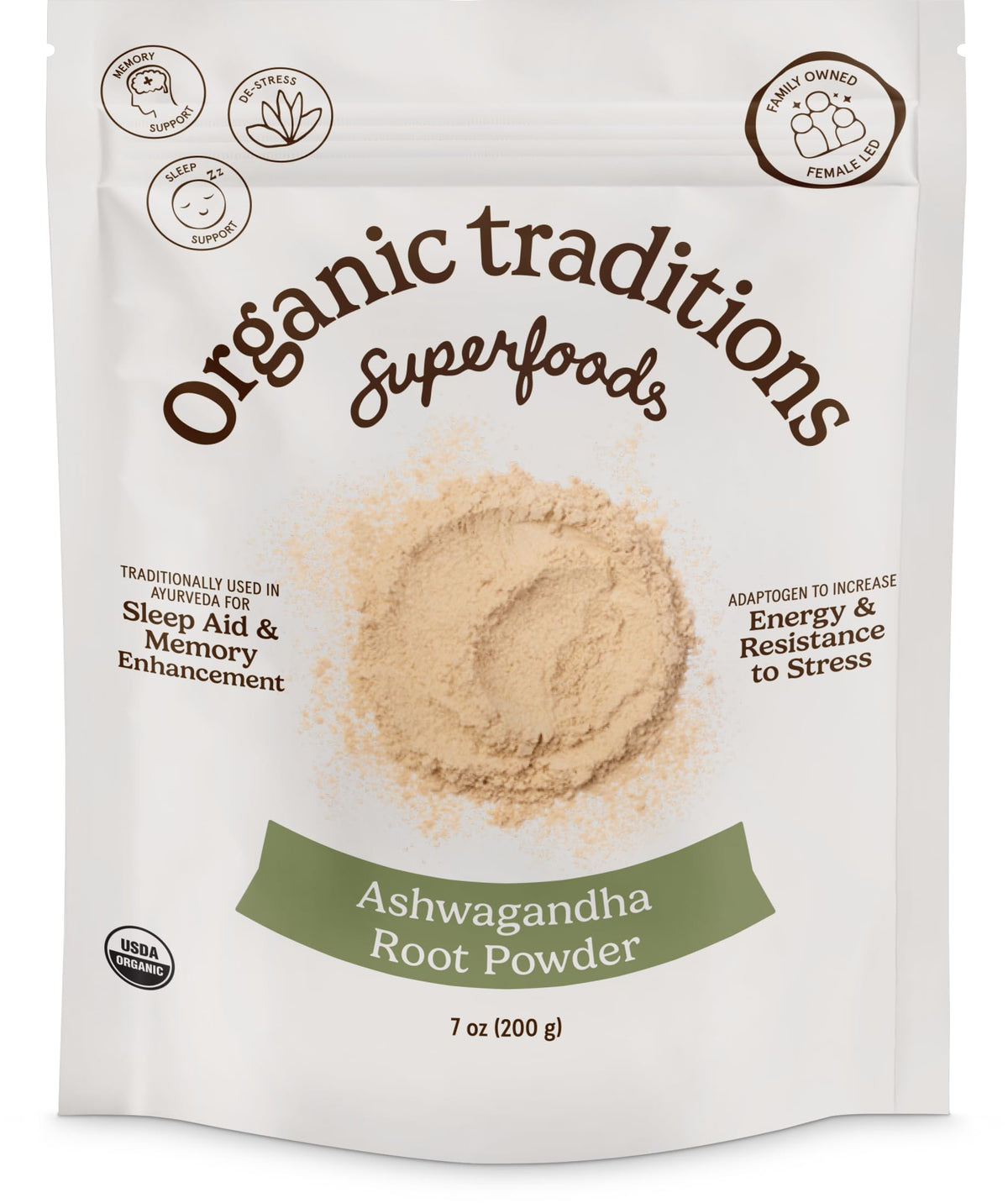 Organic Traditions Ashwagandha polvo de raíz en botella, apoyo al equilibrio diario.