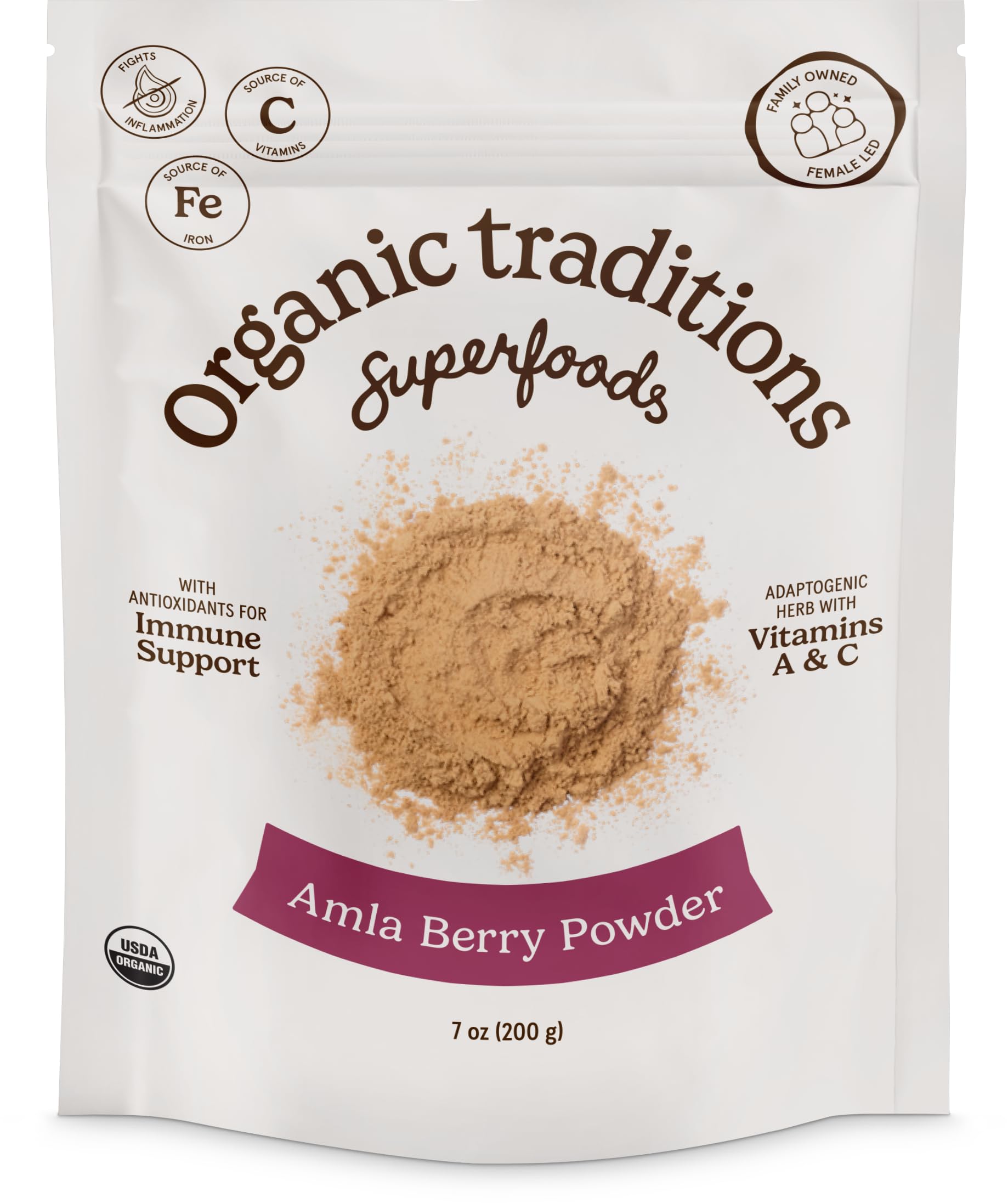 Organic Traditions polvo de amla en bolsa de 200 g para uso diario.