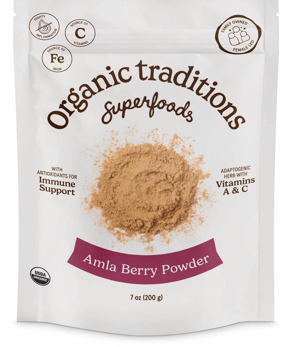 Organic Traditions polvo de amla en bolsa de 200 g para uso diario.