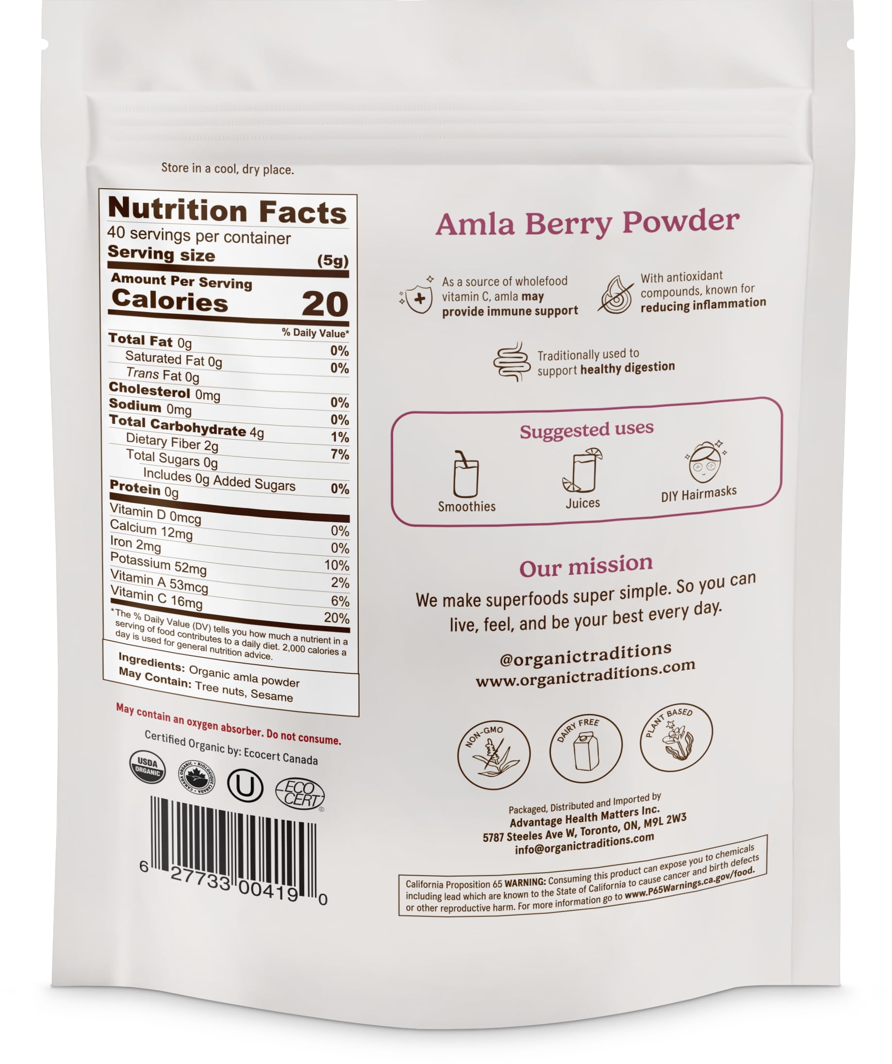 Organic Traditions polvo de amla para batidos y jugos nutritivos.