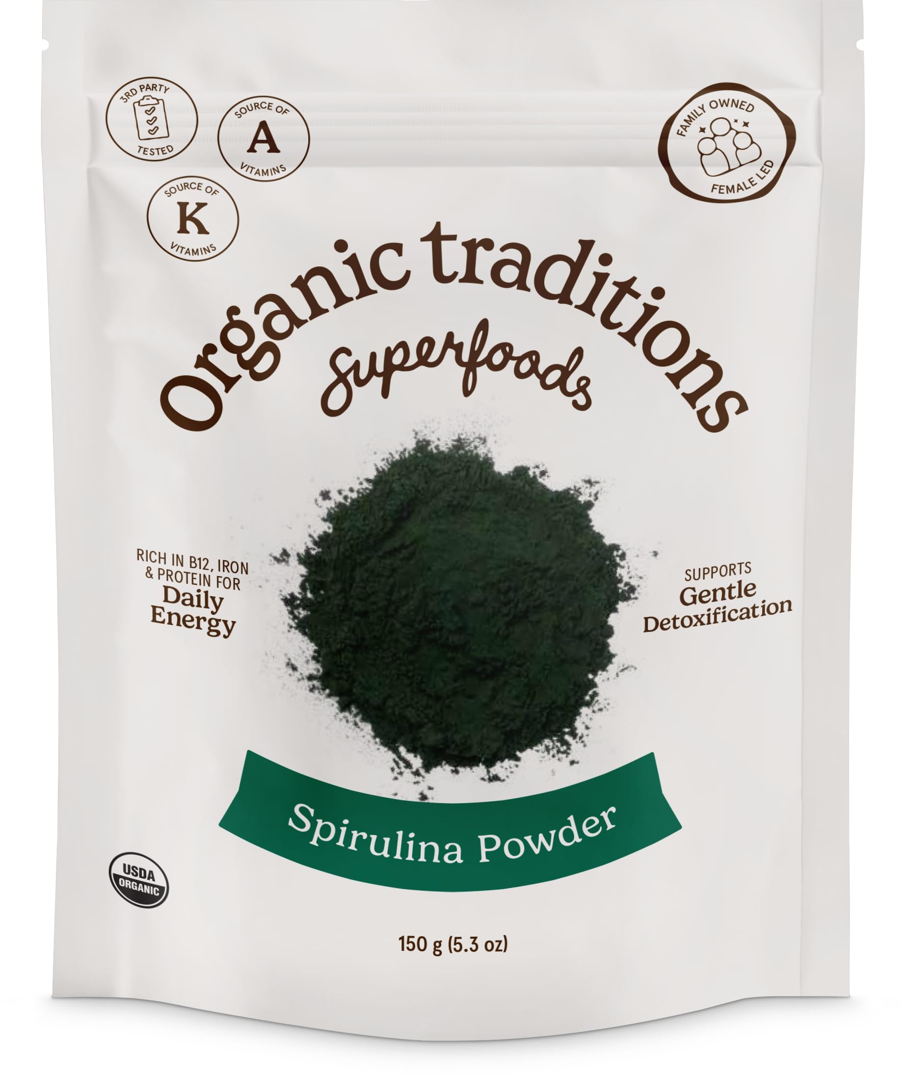 Organic Traditions Spirulina polvo en bolsa de 150 g para batidos nutritivos